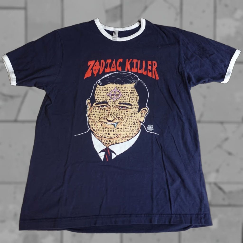 American Apparel Zodiac Killer Shirt Medium Blue Ringer Retro American Apparel Unisex Adults T-Shirt Crew Neck Short Sleeve Cotton Knit Graphic Print - Mens/Womens? Size US M / EU 48-50 / 2 - 1 Thumbnail