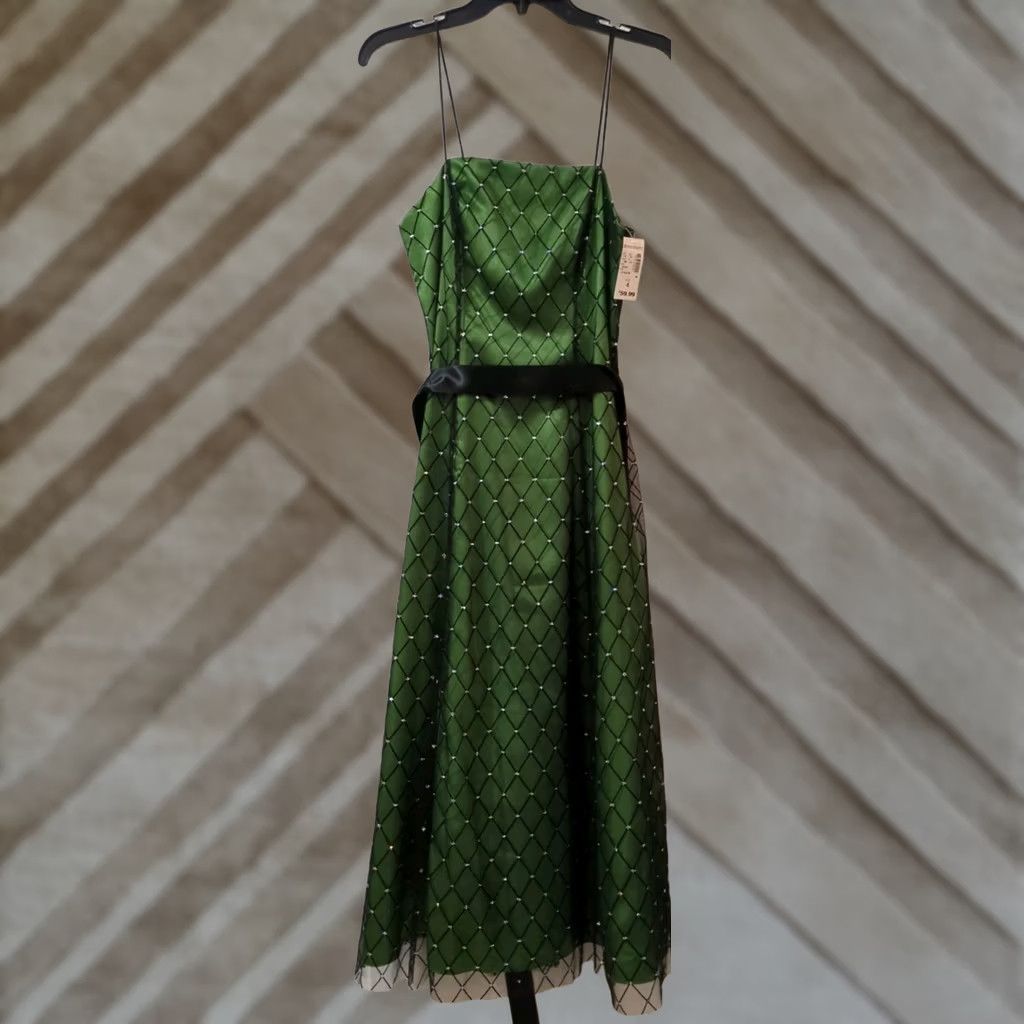 Vintage Dressbarn Green with black net overlay Women's Size 4 Sparkle NWT Ball Gown Long No Sleeve Polyester Formal Party/Cocktail Women Size S / US 4 / IT 40 - 1 Thumbnail
