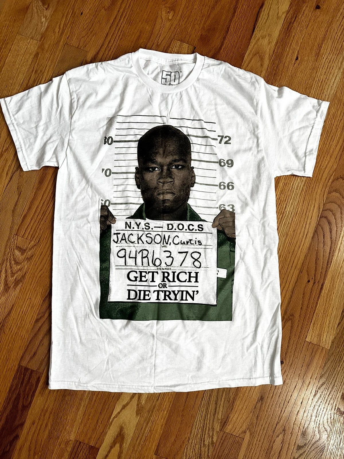 image of 50 Cent Official Final Lap Tour Merch Mugshot Tee in White, Men's (Size Medium)