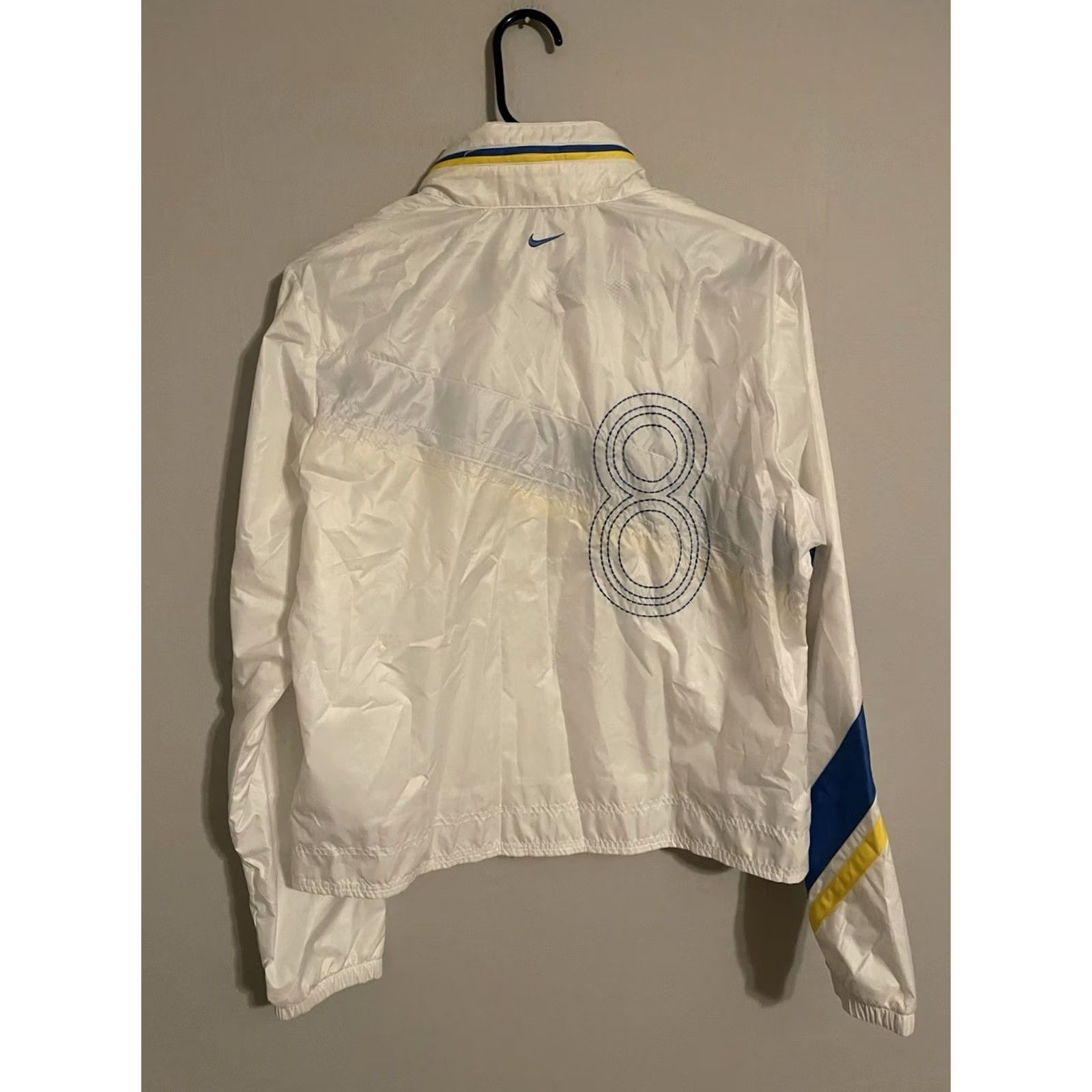 Nike VINTAGE Nike Windbreaker Jacket Women's L White Yellow Blue 107359 Zip Hooded New Size L / US 10 / IT 46 - 4 Thumbnail