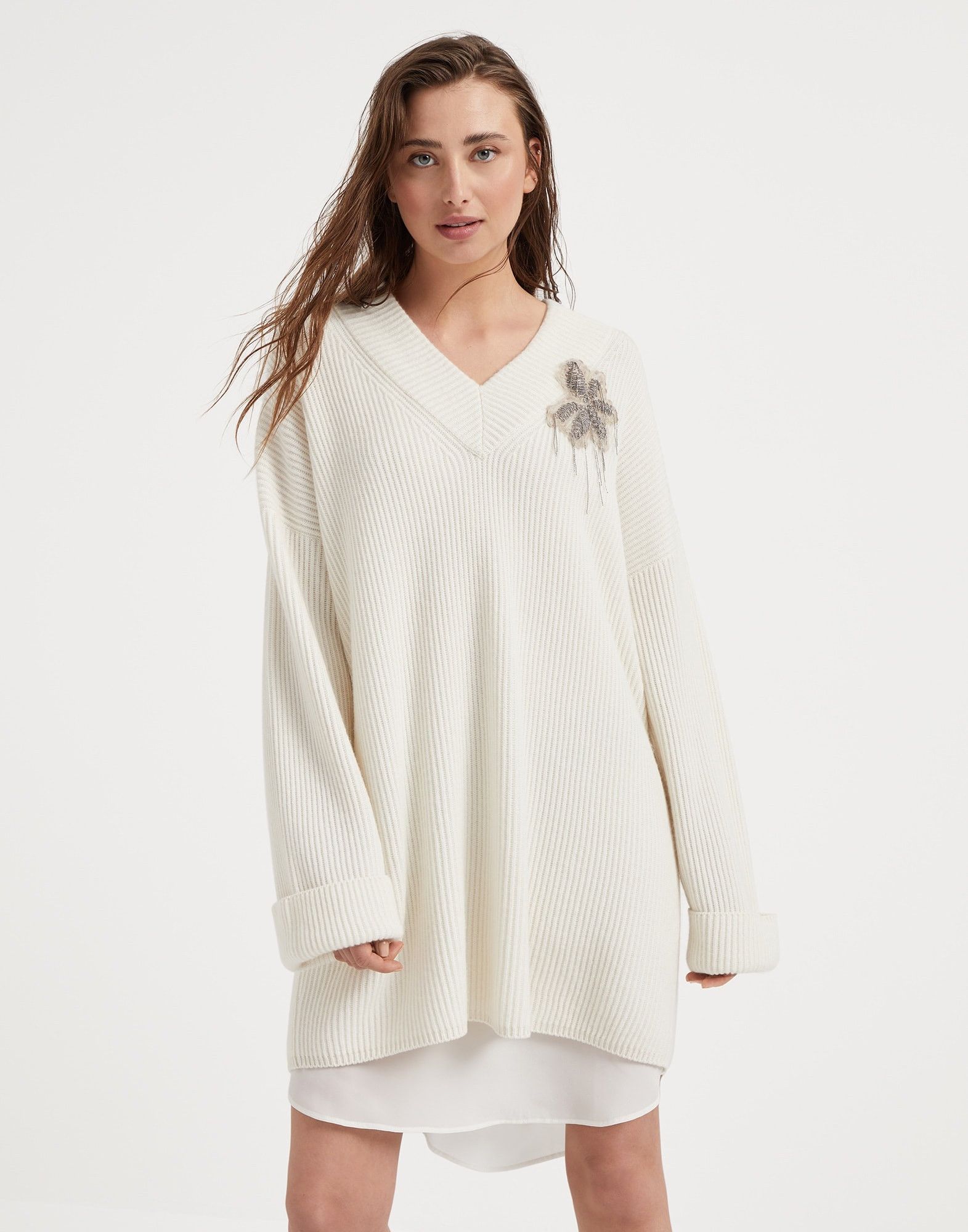 Brunello Cucinelli o1la1rc1a1025 Cashmere Dress in Ivory Size L / US 10 / IT 46 - 1 Thumbnail