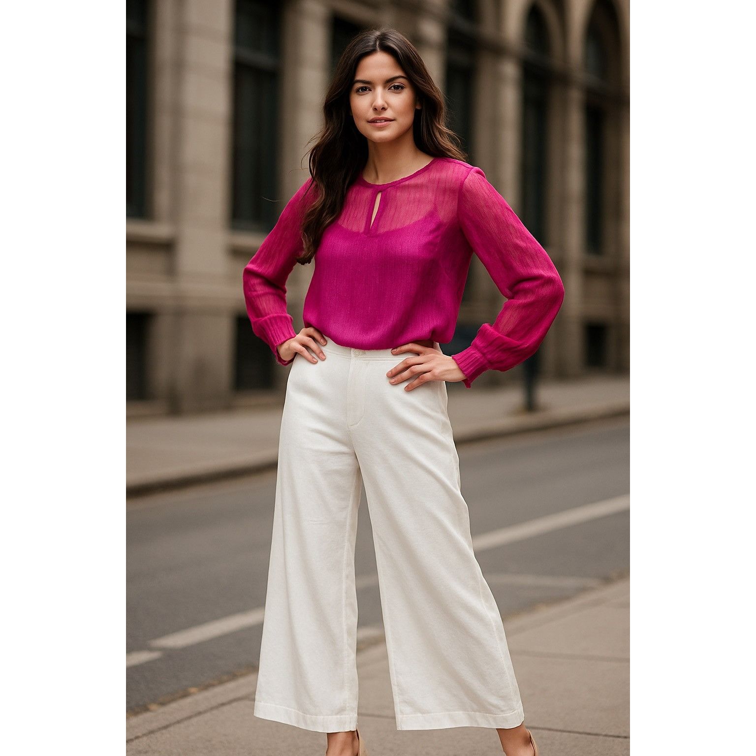 Sears Simply Styled by Sears Sheer XL Fuschia Pink Long Sleeve Blo Size XL / US 12-14 / IT 48-50 - 10 Thumbnail