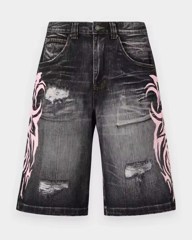 Jean Washed Denim Dragon Print Drip Drill Shorts Jorts Size US 31 - 1 Thumbnail