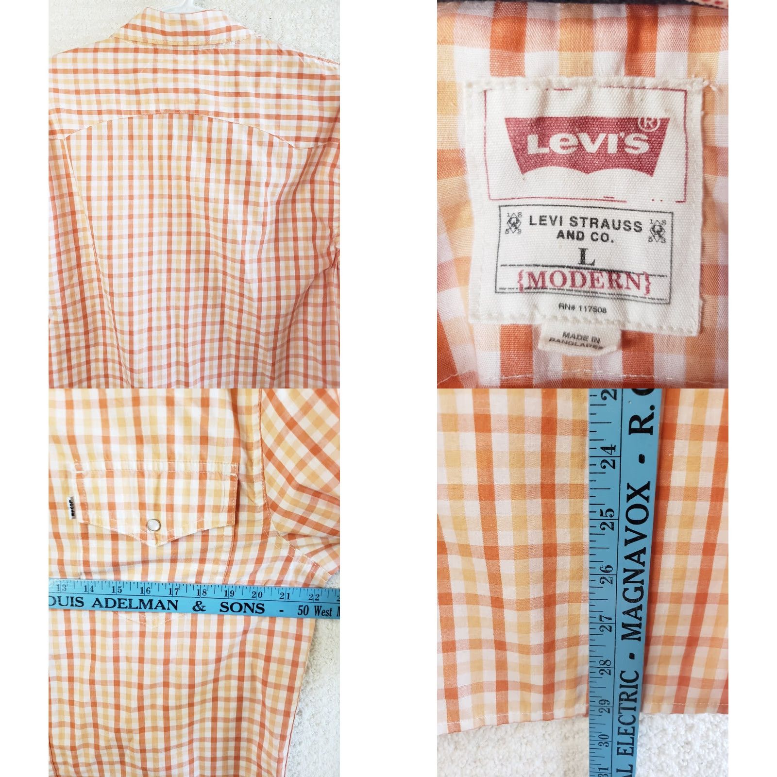 Levi's LEVIS MENS L Long Sleeve Pearl Snap Western Shirt ORANGE WHITE CHECKered Plaids & Checks, Pockets, Logo, Button Closure, Cotton Blend Size US L / EU 52-54 / 3 - 8 Thumbnail