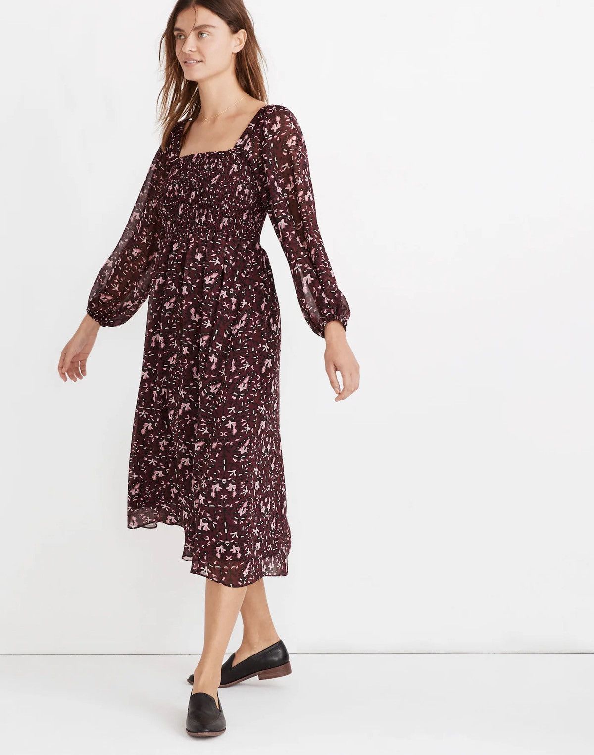 NWT (Re)sourced Georgette Sheer-Sleeve Smocked Midi Dress