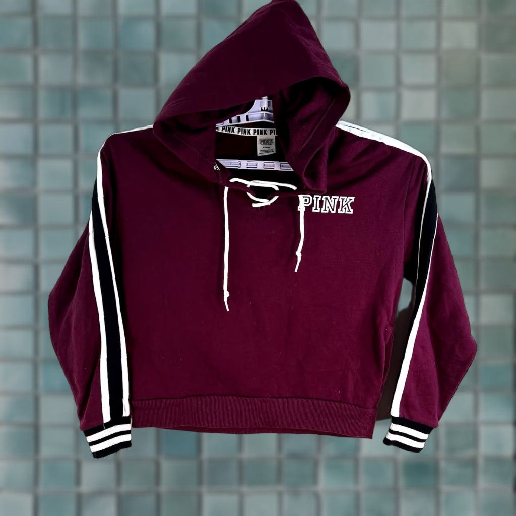 Victoria's Secret VS Pink Sweatshirt Hodded Women’s Size M Maroon Pink Striped Logo Embroidered Hooded Pullover All Seasons Activewear Rainbow Love Logo Womens VS PINK Size M / US 6-8 / IT 42-44 - 1 Thumbnail