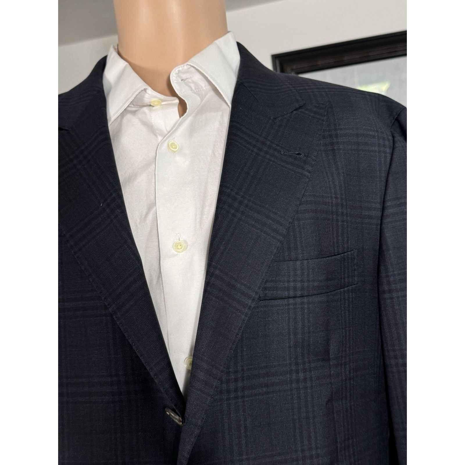 Brunello Cucinelli Brunello Cucinelli Navy Peak Lapel Wool Blazer Plaid 54/44 Size 44R - 2 Thumbnail