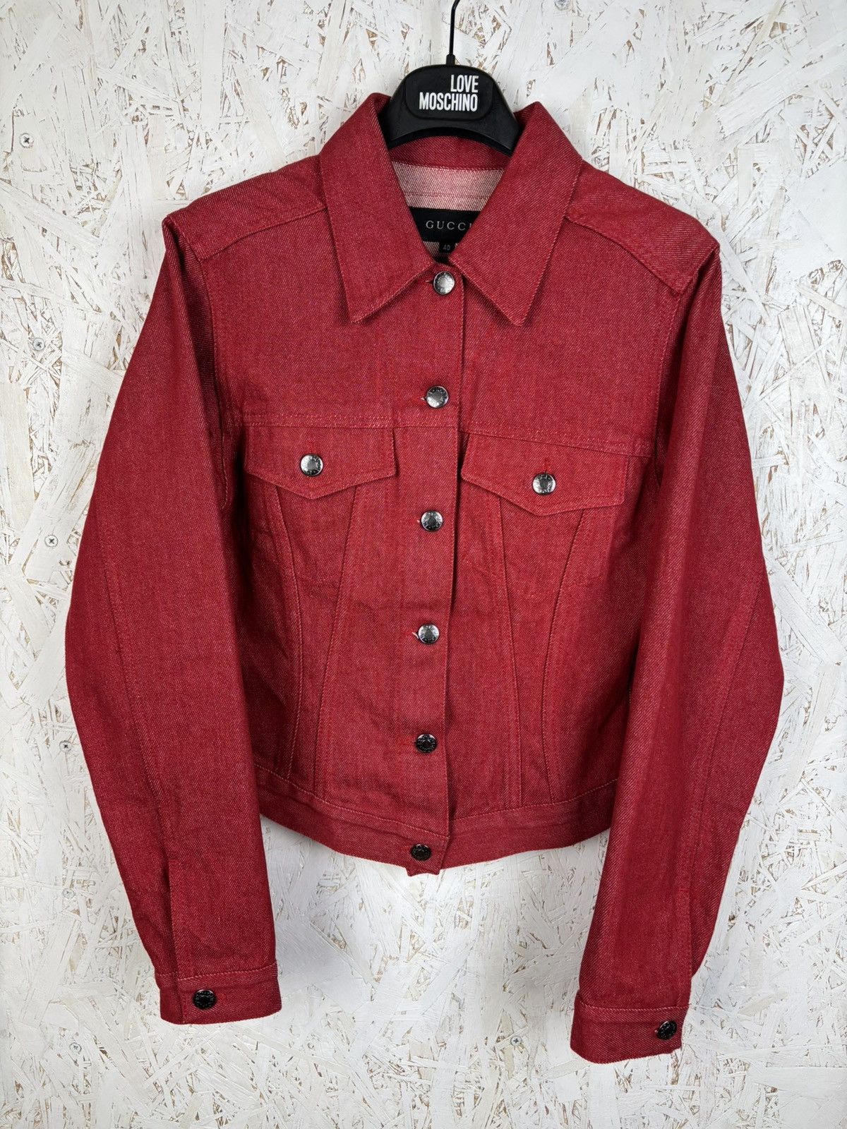 Gucci 90s Gucci Tom Ford 1999 Wasp Waist Red Denim Jacket 40 Size S / US 4 / IT 40 - 1 Thumbnail