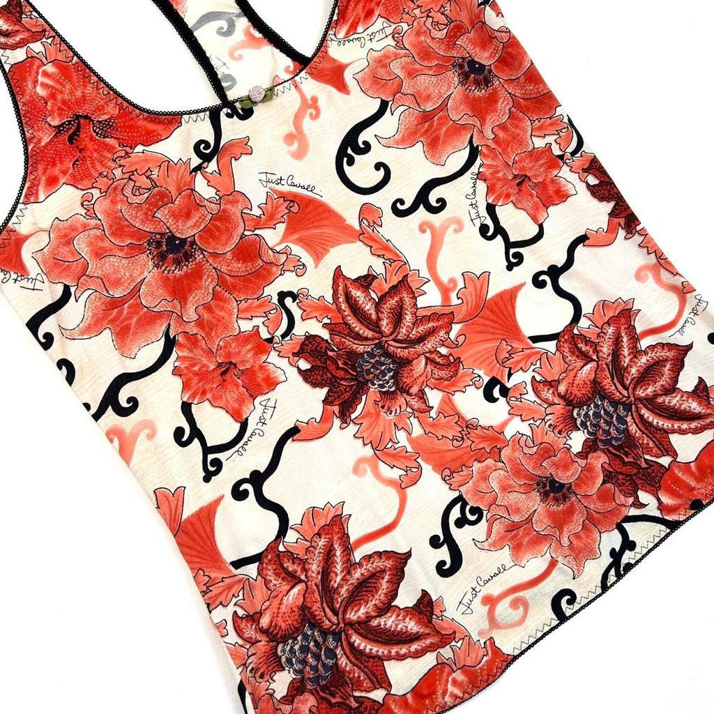 Just Cavalli y2k Cavalli white tank top, red and black floral print Size L / US 10 / IT 46 - 2 Thumbnail