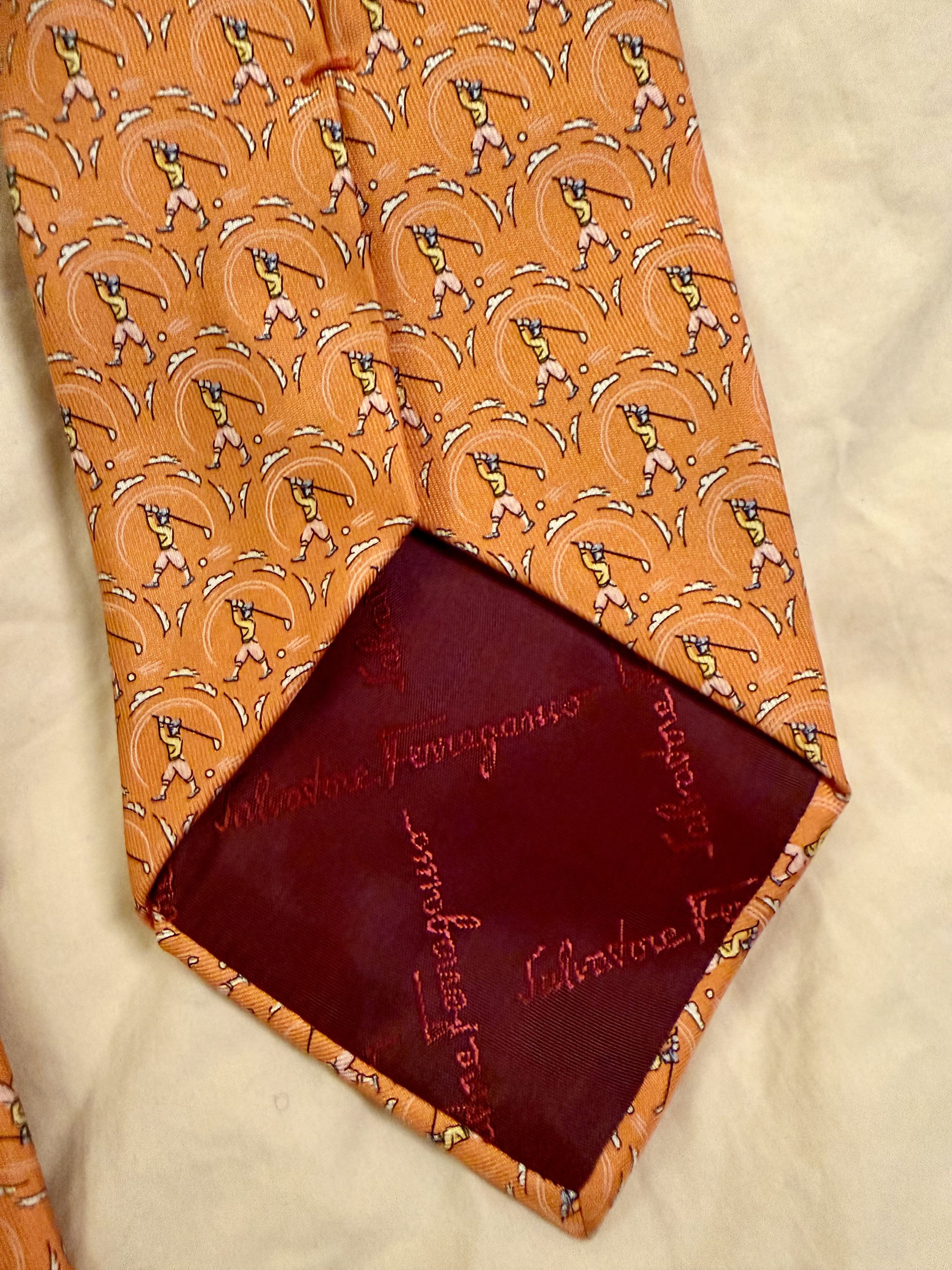 Hermes Ferragamo Golfers Silk Tie Orange Novelty Print Size ONE SIZE - 5 Thumbnail