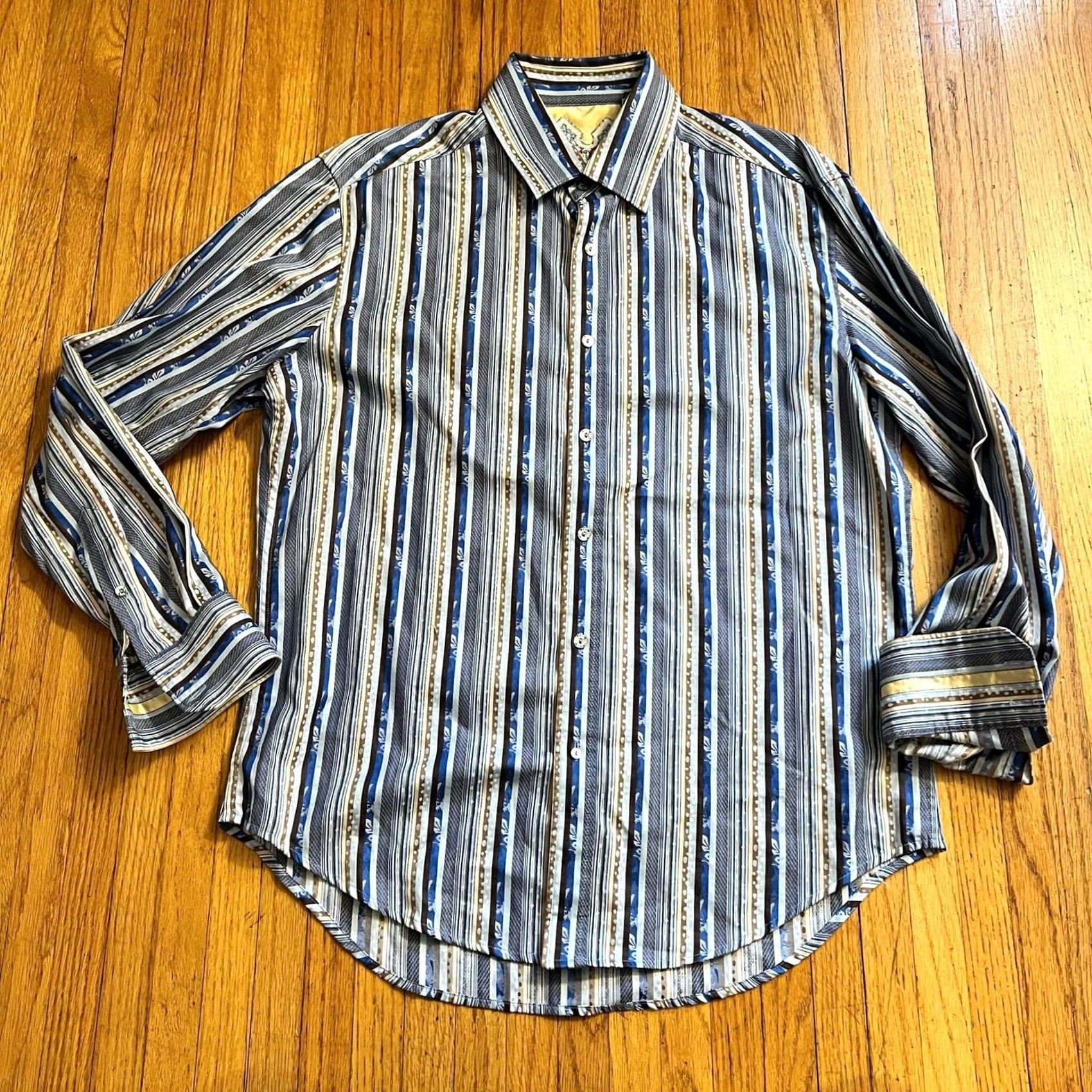 Robert Graham Robert Graham Shirt Mens Large Stripe Blue Gold Button Up Size US L / EU 52-54 / 3 - 2 Thumbnail
