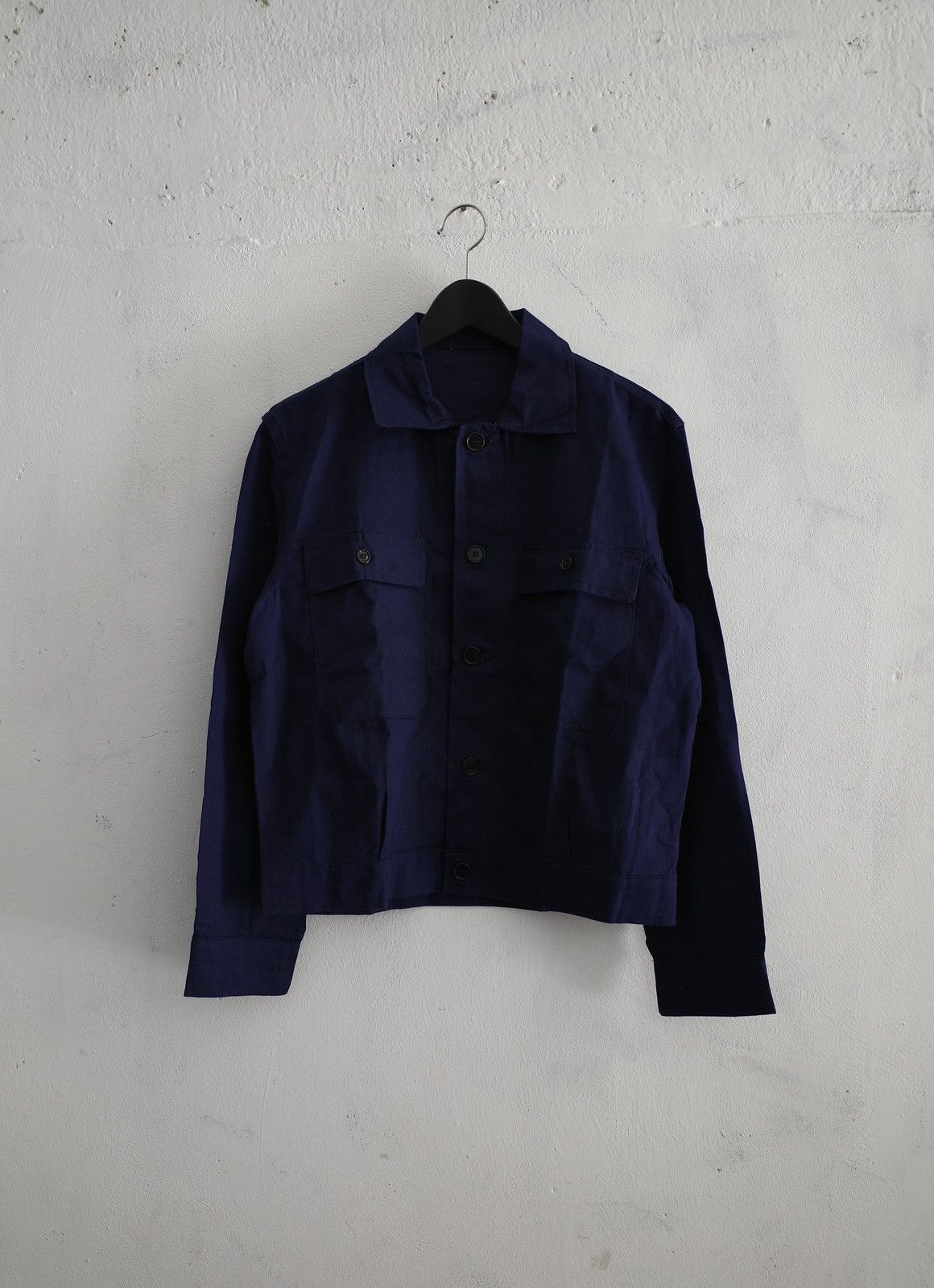 image of Vintage French Work Chore Jacket Shirt Boxy Fit Cropped in Blue, Men's (Size Small)