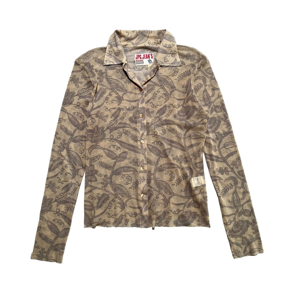 image of Jean Paul Gaultier Mesh Floral Vine Stretch Button Up in Brown, Men's (Size Small)