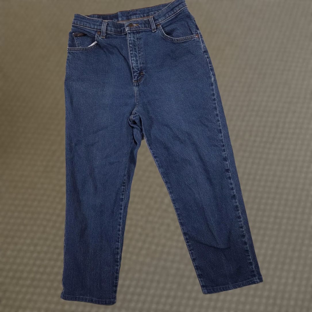 Vintage Riders Jeans Womens 10P Blue Medium Wash High Rise Mom Tapered Stretch Denim Jeans Women's Petite Slim Straight Pocket Logo Rise 10P 28in Inseam 23in Size 32" / US 10 / IT 46 - 1 Thumbnail