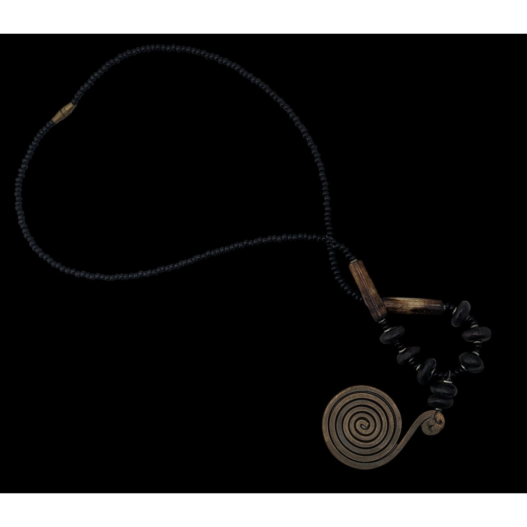 Handmade Vintage Tribal Spiral Pendant Necklace With Black Beads Wood Size ONE SIZE - 2 Thumbnail
