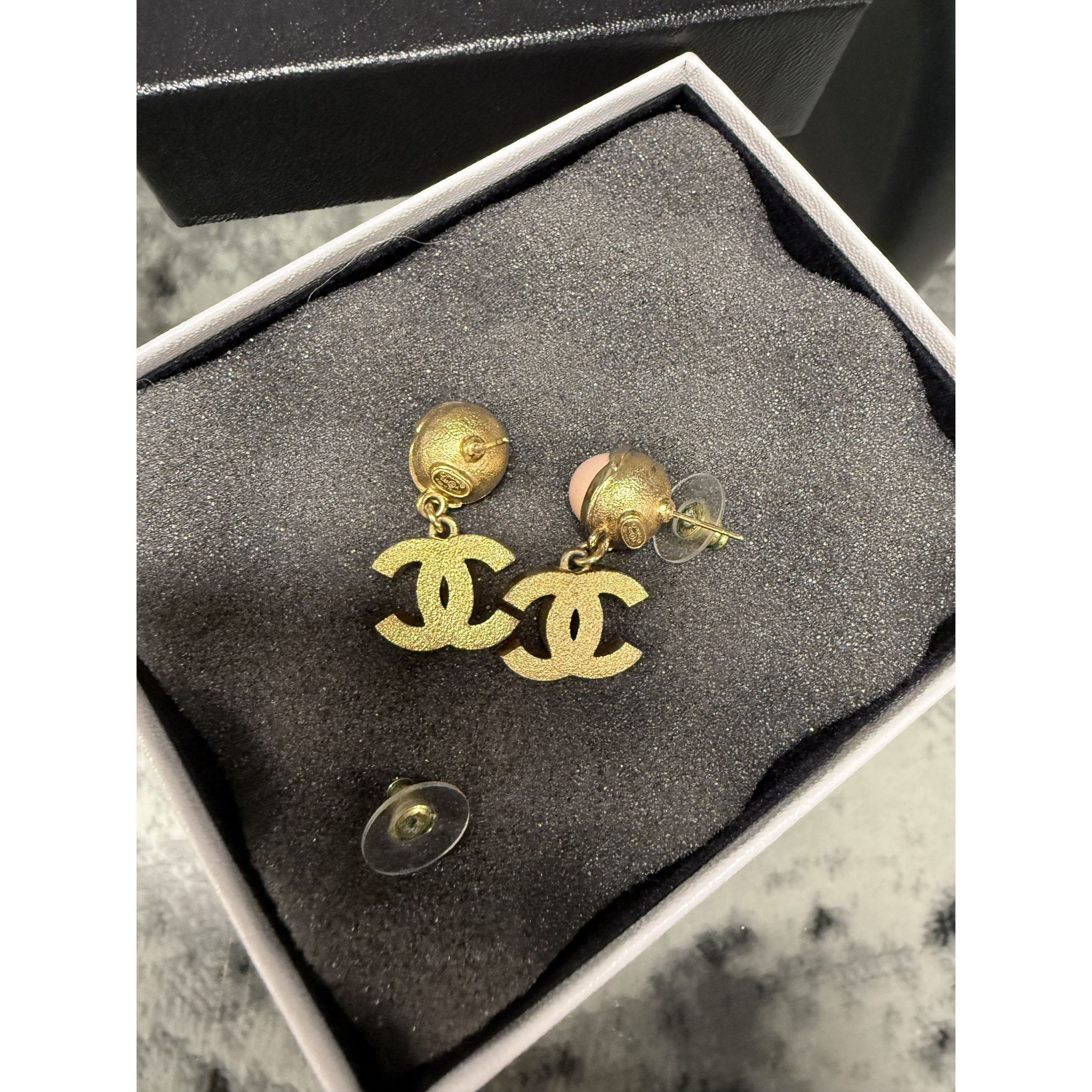 Chanel Chanel Gold Crystal CC Logo Drop Earrings With Pink Enamel & Size ONE SIZE - 2 Thumbnail