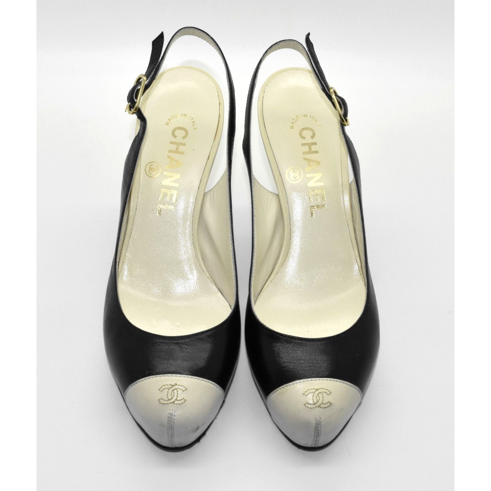 Chanel CHANEL Cap Toe Stitched Logo Leather Slingback Pump Sz 37.5 Size US 7 / IT 37 - 4 Thumbnail