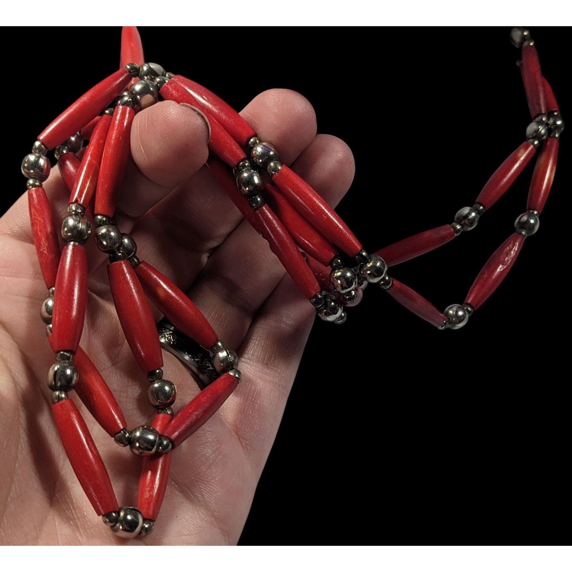 Other Vintage Red Coral And Silver Tone Beaded Necklace Size ONE SIZE - 6 Thumbnail