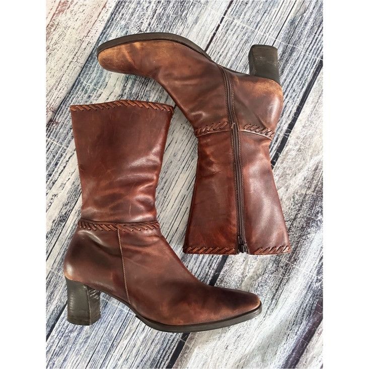 Other Vintage Caroline Biss Brown Leather Mid-Calf Boots Size US 10 / IT 40 - 2 Thumbnail