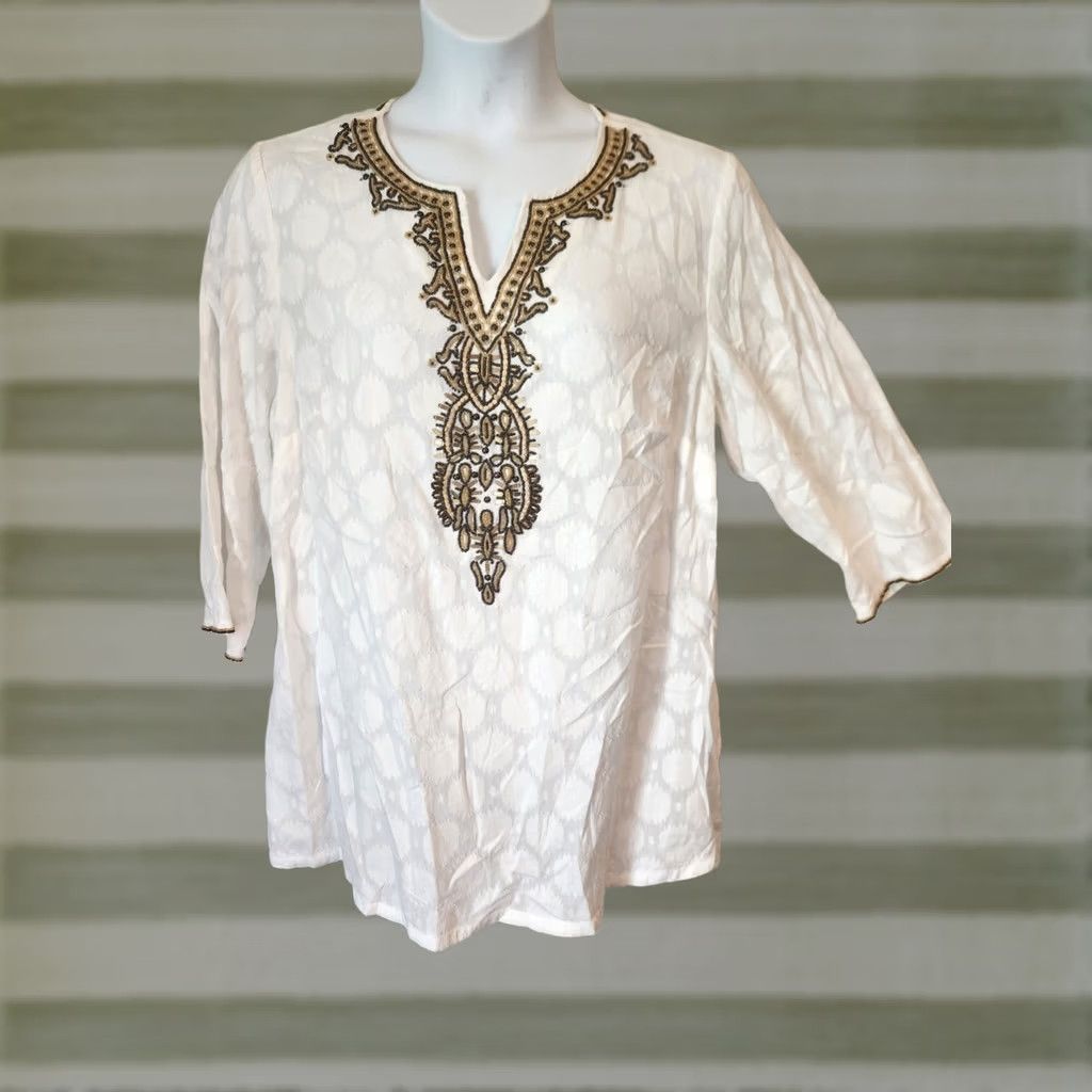 Charter Club Charter Club Woman White Beaded Detailed Tunic Top Blouse 0X V-Neck 3/4 Sleeve Casual Hippie Boho Yoga Travel Party/Cocktail Women Size XL / US 12-14 / IT 48-50 - 1 Thumbnail