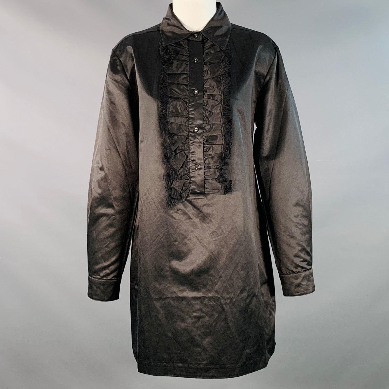 Cynthia Rowley XS Black Cotton Silk Ruffled Long Placket Button Up Shirt Size XS / US 0-2 / IT 36-38 - 1 Thumbnail