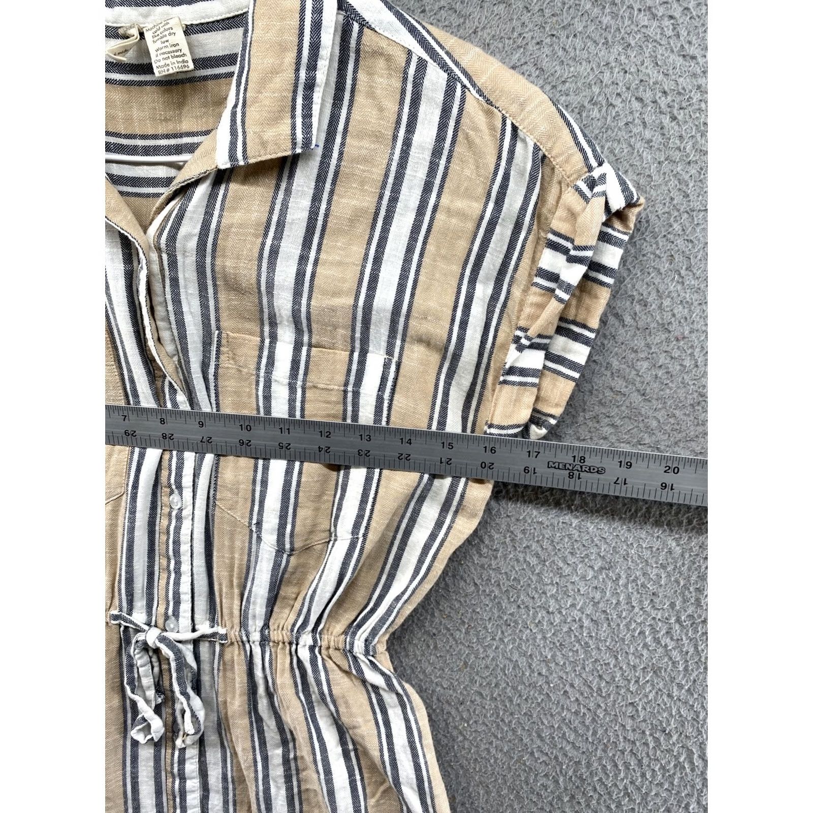 Vintage Japna Women’s Button Down Tie Waist Pockets Stripe Dress S Beige Cap Sleeve Hi-Low Size S / US 4 / IT 40 - 5 Thumbnail
