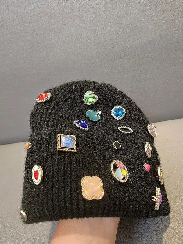 Other Black Beanie Hat with Colorful Gems and Badges Size ONE SIZE - 6 Thumbnail