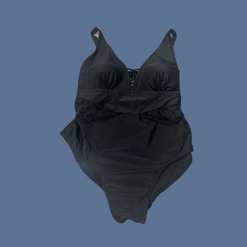 Vintage Terra & Sky Women’s One Piece Swimsuit Lace Cut-out Black 16 16W 18W Tank Built-in Cups Adjustable Straps 90s Palm Womens Size ONE SIZE - 1 Thumbnail