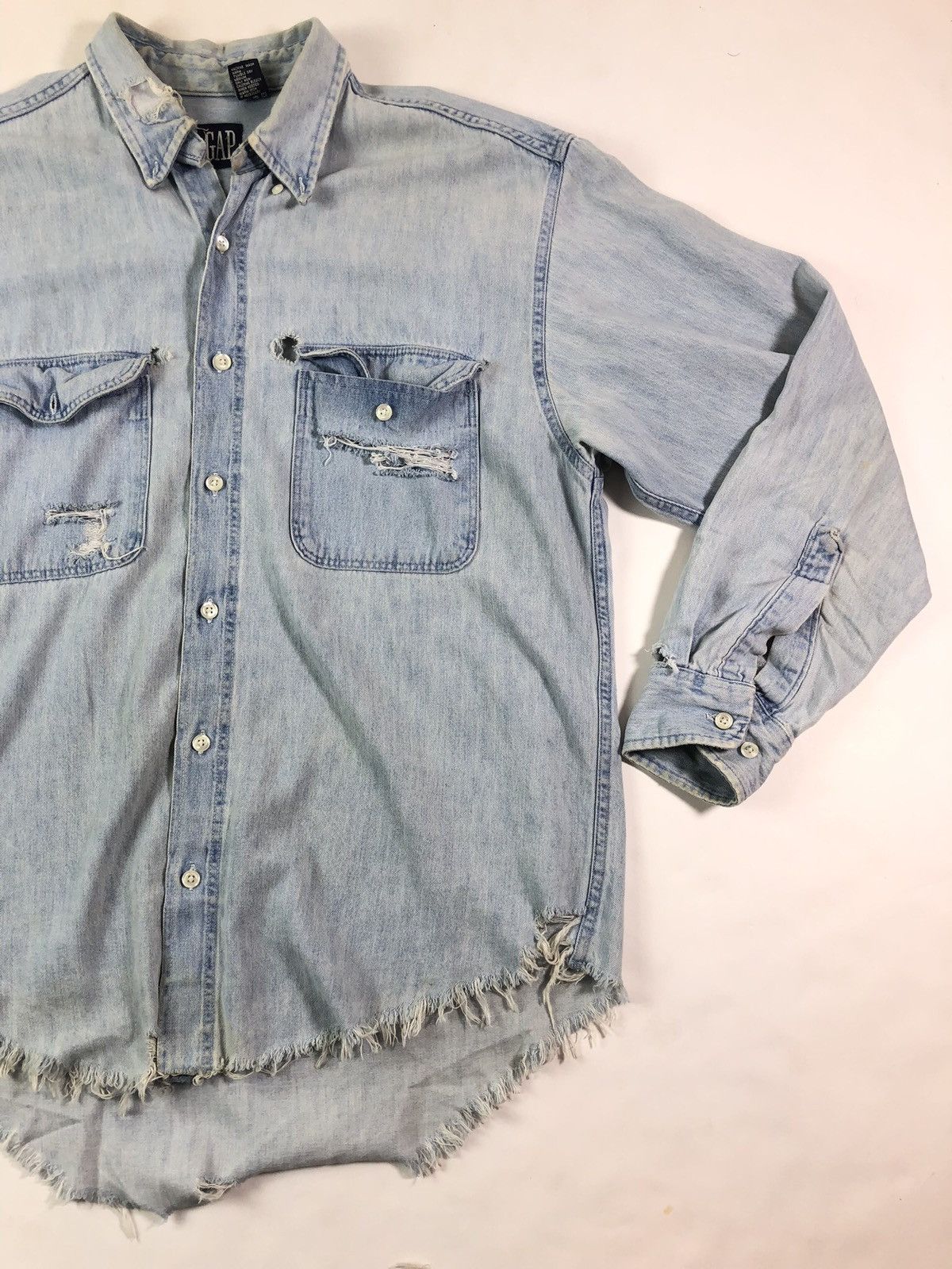Gap × Vintage Vintage 90s Gap Light Wash Made in USA Distressed Shirt Size US M / EU 48-50 / 2 - 4 Thumbnail