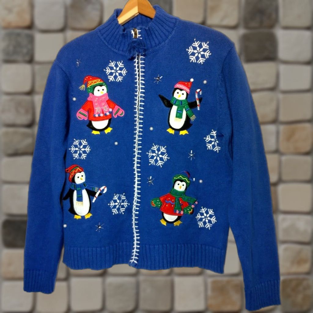 Vintage VINTAGE Crystal Kobe Cardigan Sweater Women's Winter Penguin Beaded Blue Large Christmas Holiday Knit Size L / US 10 / IT 46 - 1 Thumbnail