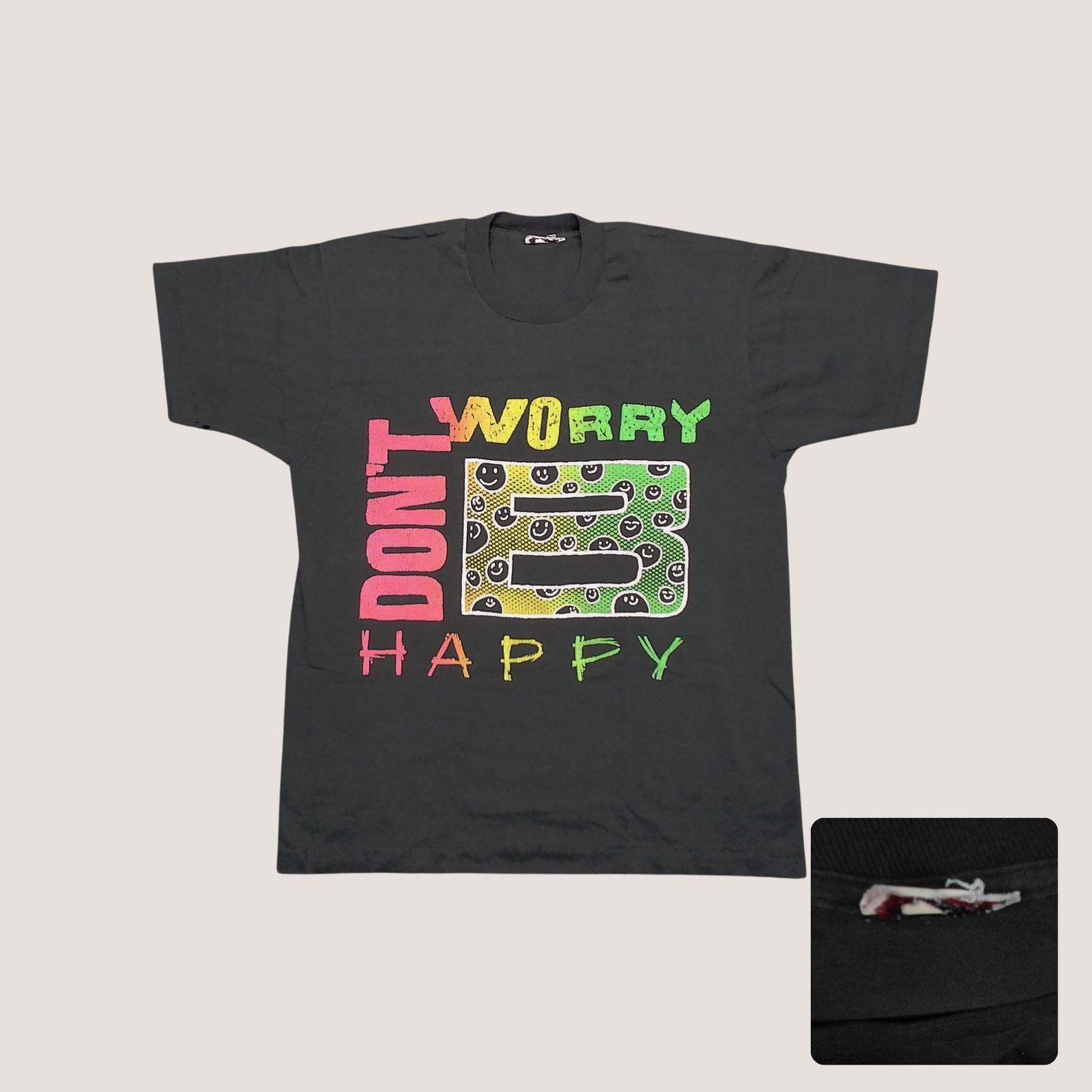 Vintage 90s Dont Worry B Happy Neon Smiley Single Stitch Tee XL Size US XL / EU 56 / 4 - 1 Thumbnail