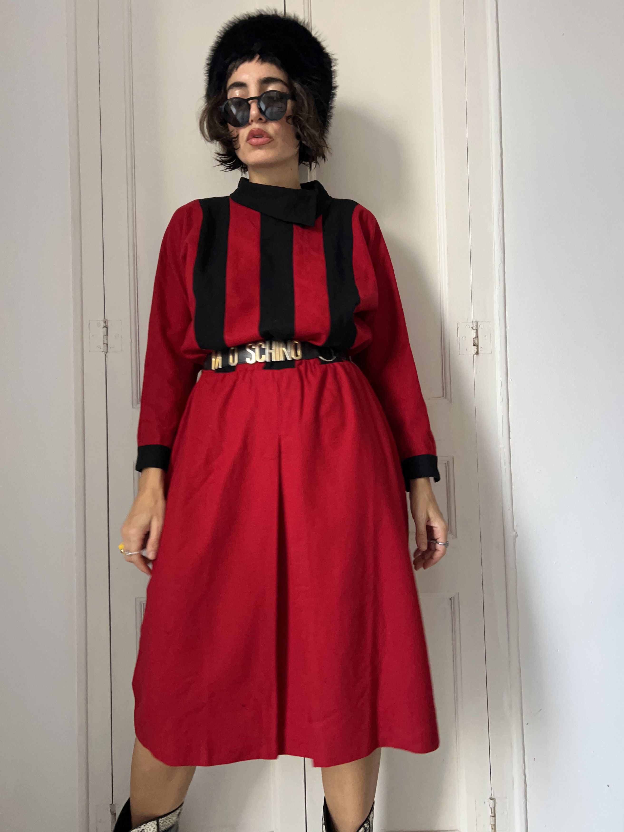 Vintage Vintage 80s Red Black Striped Wool Dress Size L / US 10 / IT 46 - 5 Thumbnail