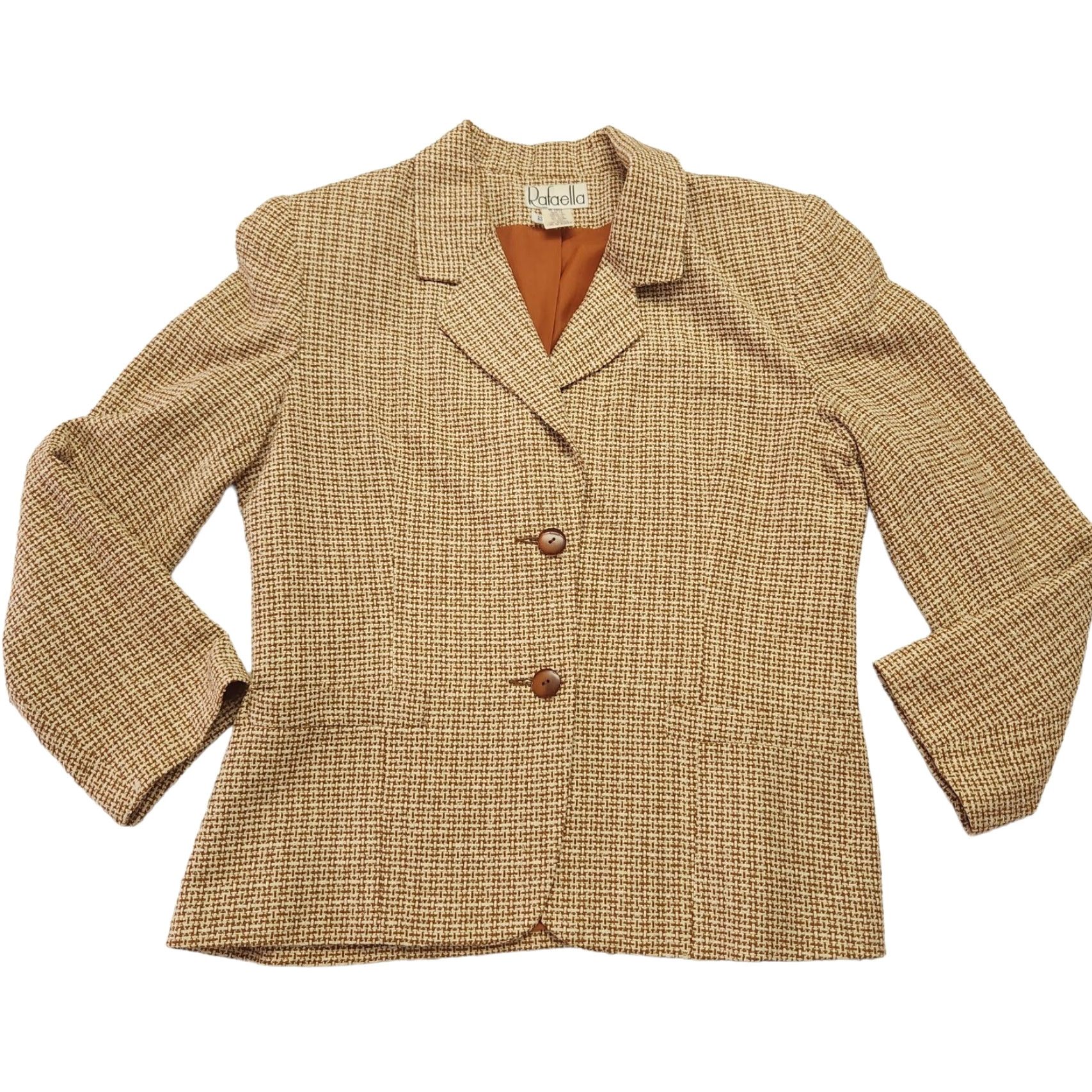 Vintage VINTAGE Rafaella Blazer Jacket womens Size 12 Brown White Textured Silk Blend 60% Silk 40% Rayon Two-Button Short Sleeve Lined Beige/ Brown Sports? Size XL / US 12-14 / IT 48-50 - 3 Thumbnail