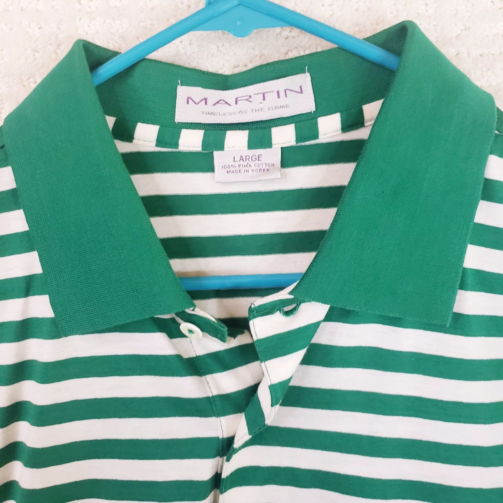Vintage Martin Polo Shirt Men's L Green White Short Sleeve Pima Cotton Striped Golf Polo Mar tin Size US L / EU 52-54 / 3 - 4 Thumbnail