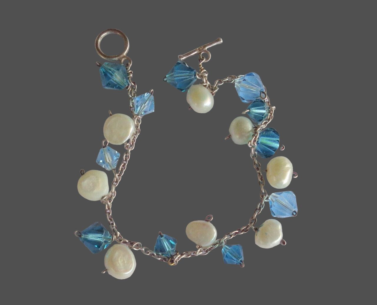 Other Blue Beaded Pearl Dangle Bracelet 925 Sterling Silver Chain Size ONE SIZE - 2 Thumbnail