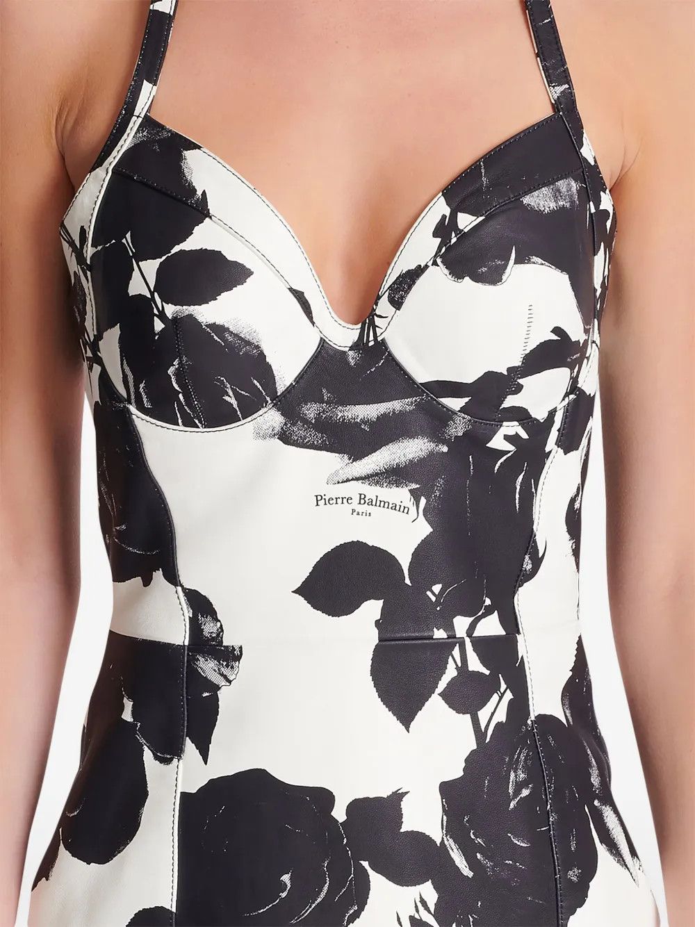 Balmain o1s1wg110825 Floral Print Leather Minidress in Black/White Size XL / US 12-14 / IT 48-50 - 7 Thumbnail