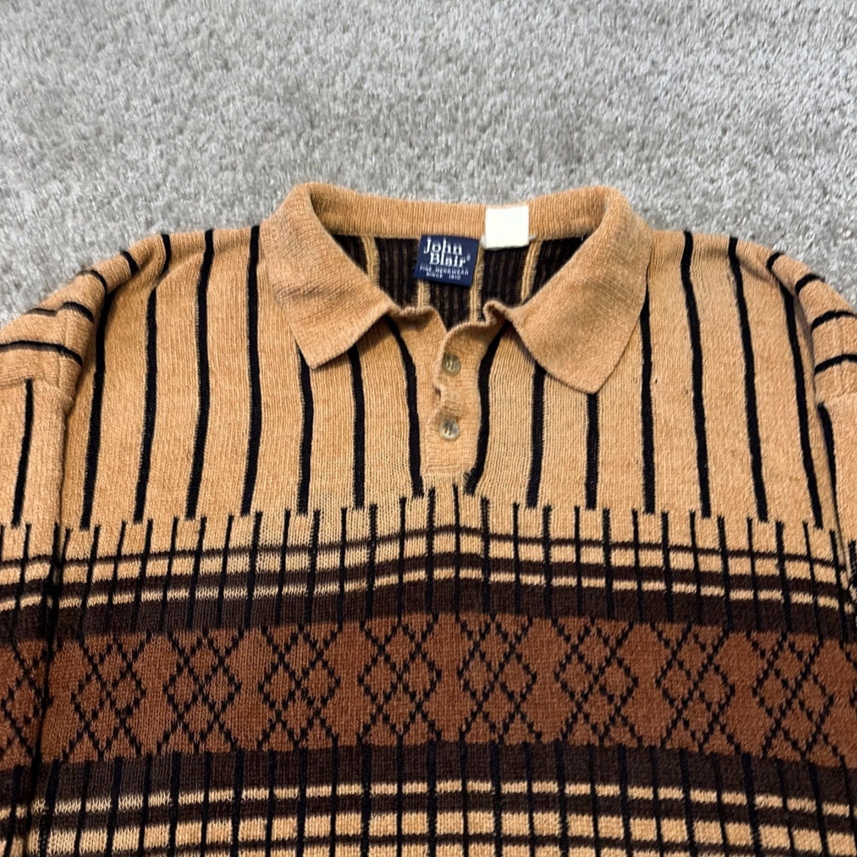 Blair VINTAGE 80s John Blair Brown Multi Pattern Cotton Knit Long Sleeve Polo XL Mens Sweater Size US XL / EU 56 / 4 - 4 Thumbnail
