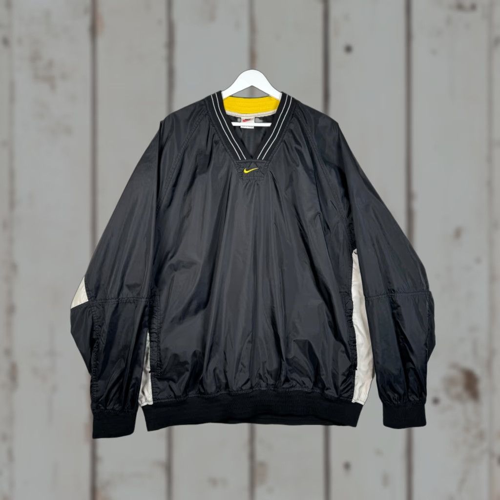 VINTAGE Nike Nylon V Neck Swoosh Logo Pullover - Men's XXL - Black Yellow Jacket Windbreaker Outdoor