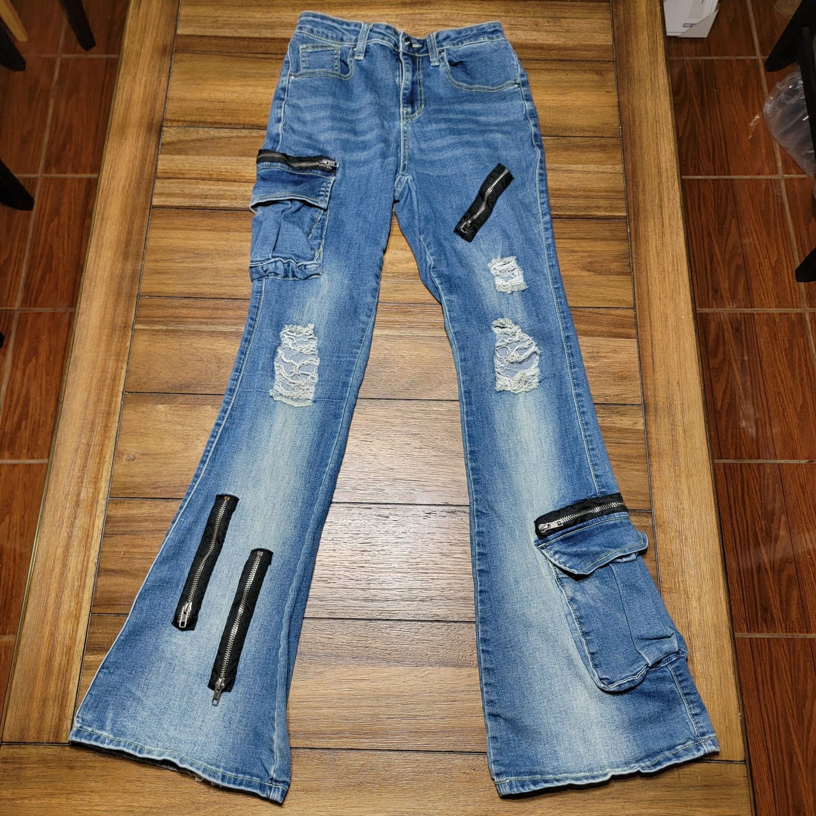 Hot Topic Destructed Zipper Flare Denim Pants - Size Junior 5 Size 27" / US 4 / IT 40 - 1 Thumbnail