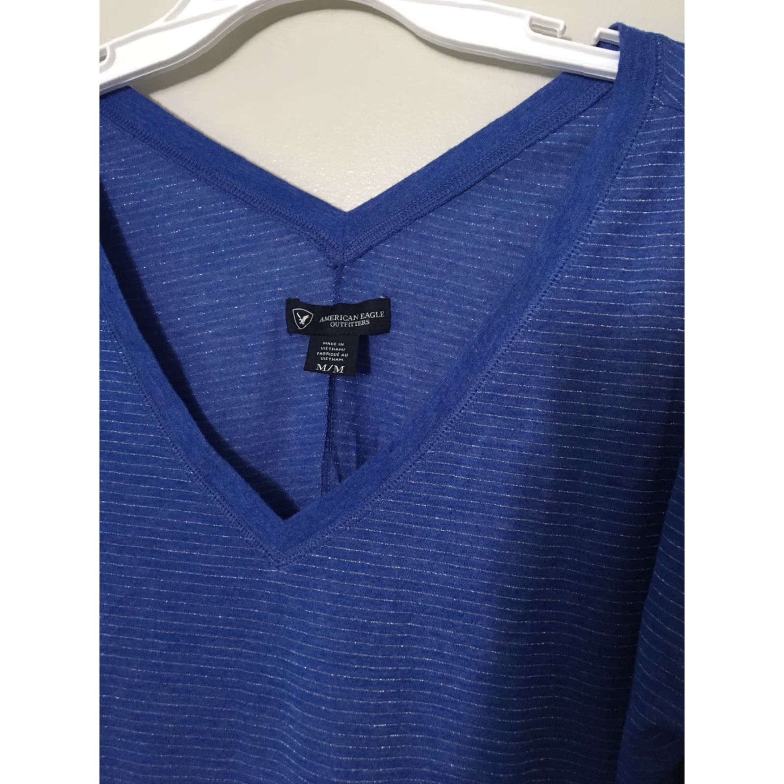 American Eagle Outfitters American Eagle Outfitters Blouse Shirt V-Neck Long Sleeve Striped Blue Glitter Silver Thread M Adults Womens Size M / US 6-8 / IT 42-44 - 3 Thumbnail
