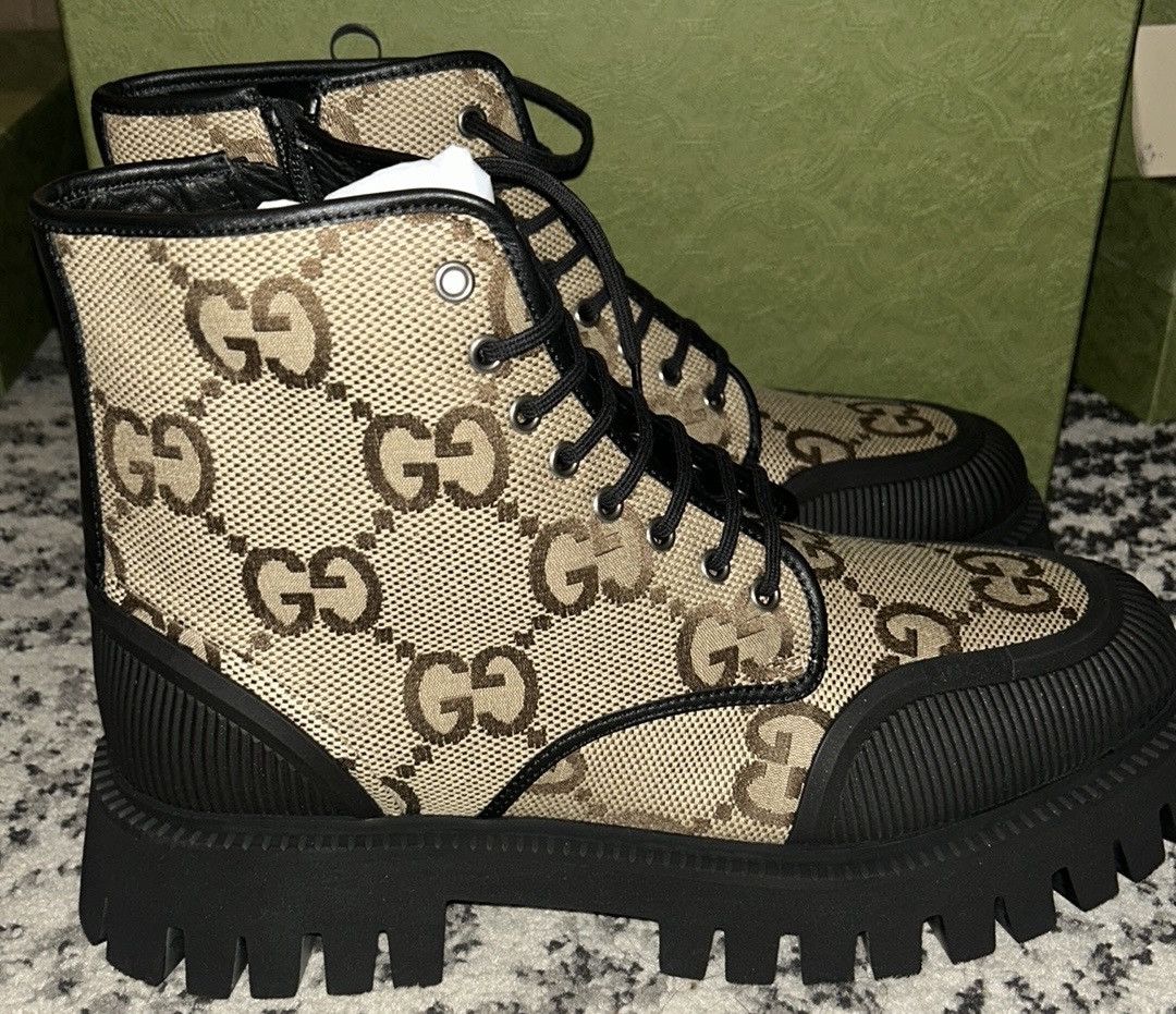 Gucci Gucci Monogram Jumbo Maxi GG Lace Up Boots Camel Black Size US 11.5 / EU 44-45 - 4 Thumbnail