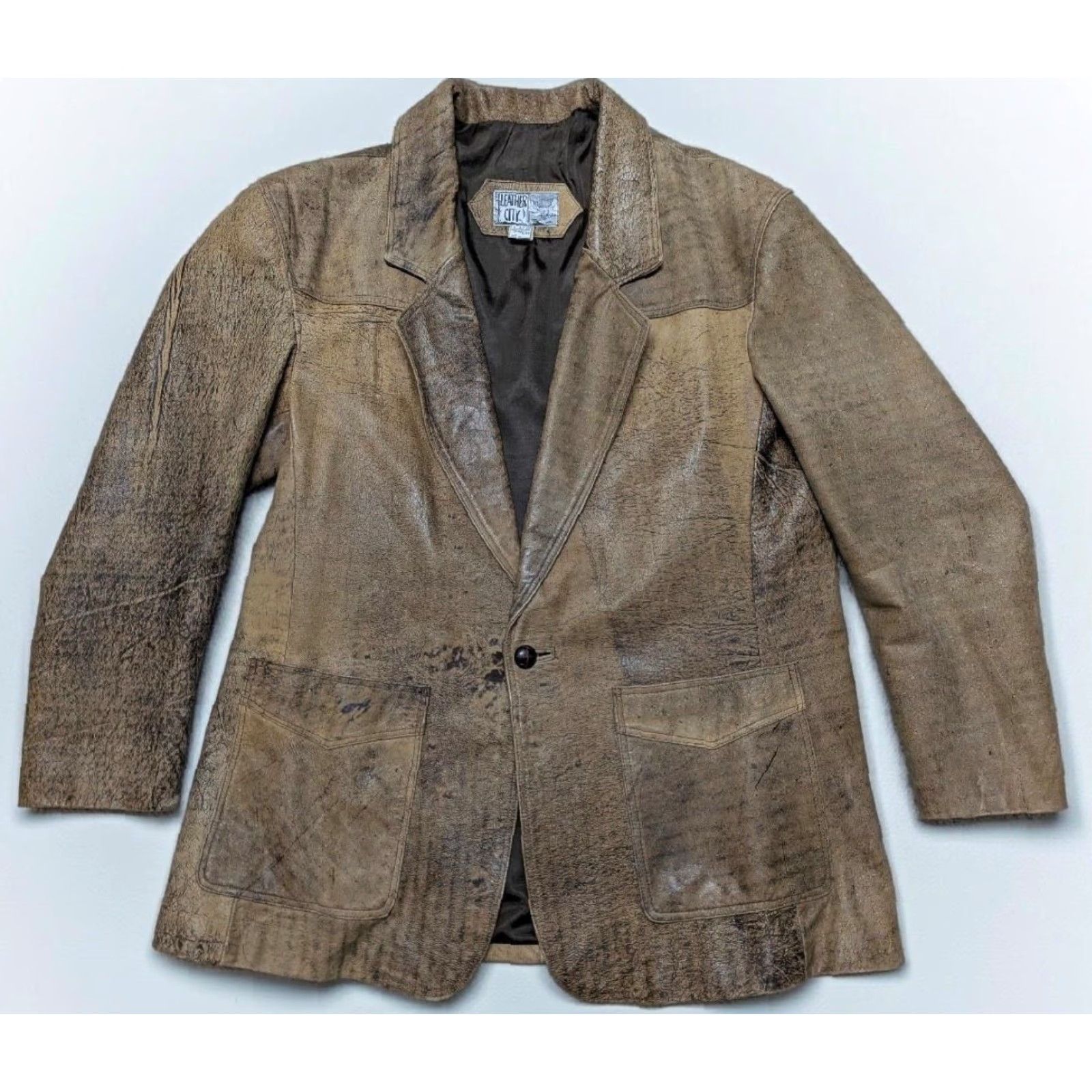Vintage VINTAGE Leather CITY Western blazer Jacket XL 46 Brown Patina Distressed Mens Size 46R - 2 Thumbnail