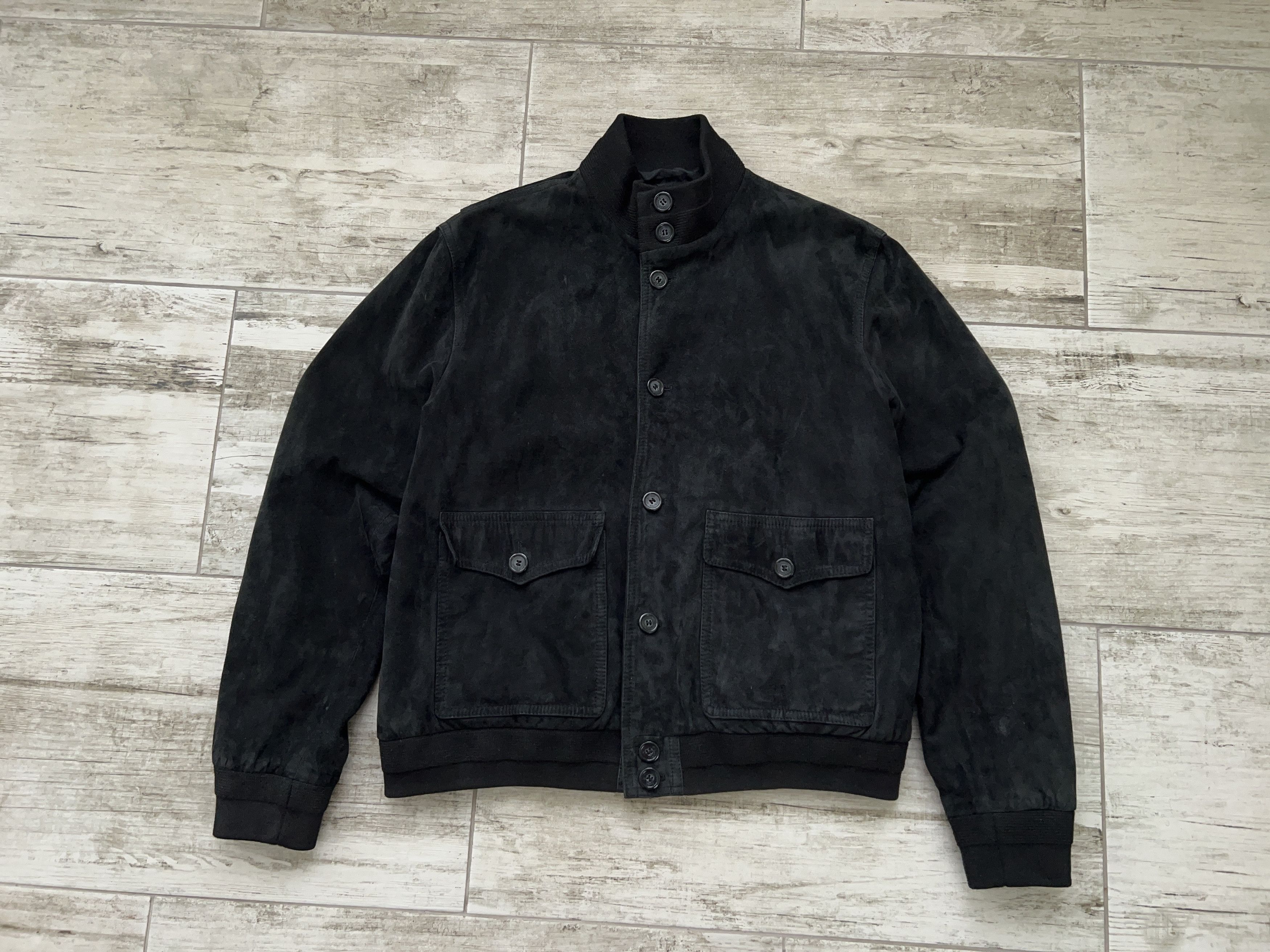 image of Hackett London Black Classic Leather Suede Jacket Bomber, Men's (Size XL)
