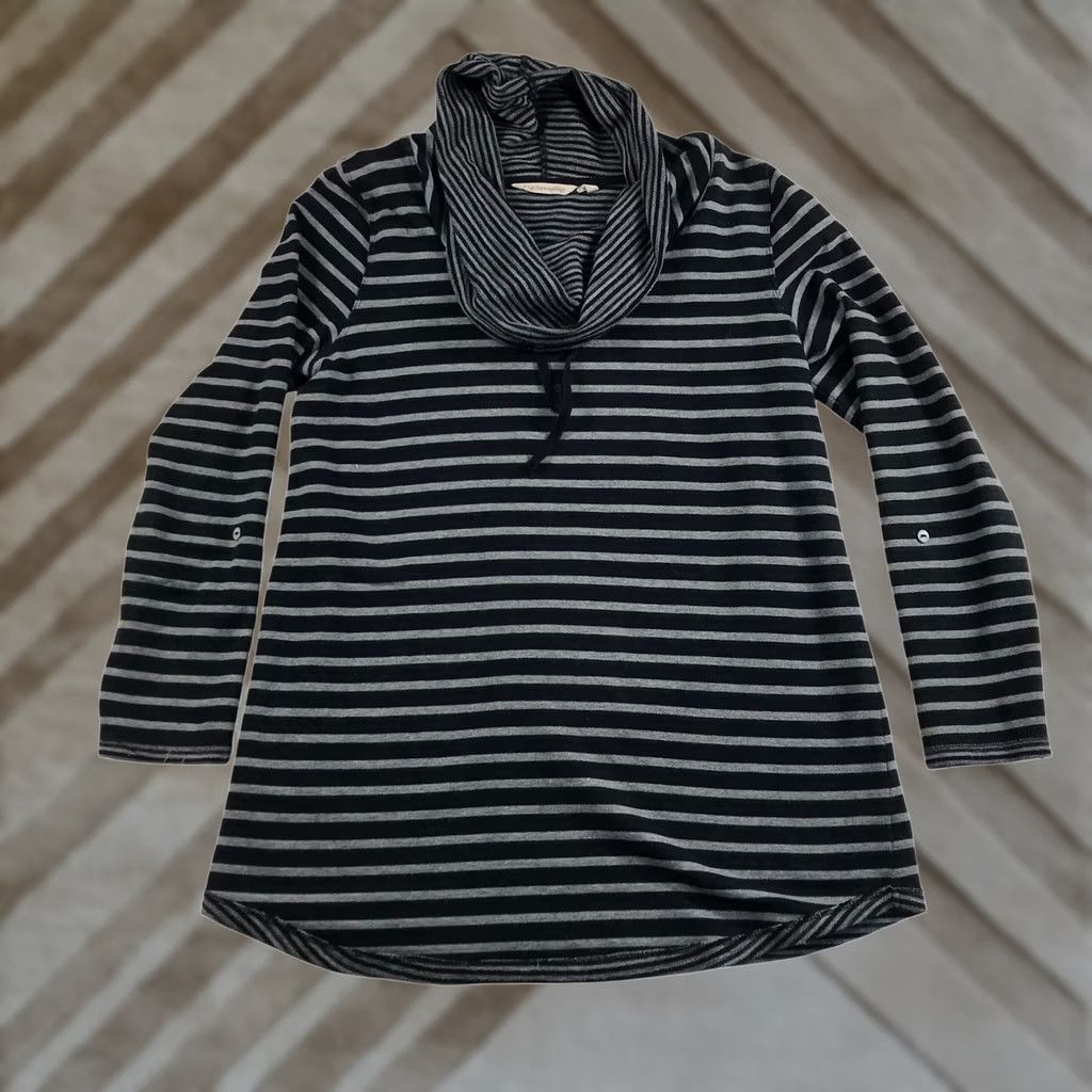 Soft Surroundings Soft Surroundings Black Gray Striped Cowl Neck Button Tab Tunic Top M 2AW15 Size M / US 6-8 / IT 42-44 - 1 Thumbnail