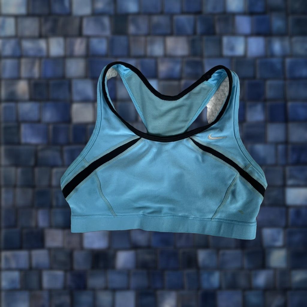 Nike Bra Womens Medium Blue Sports Razorback Fit Stretch Black Swoosh Ladies