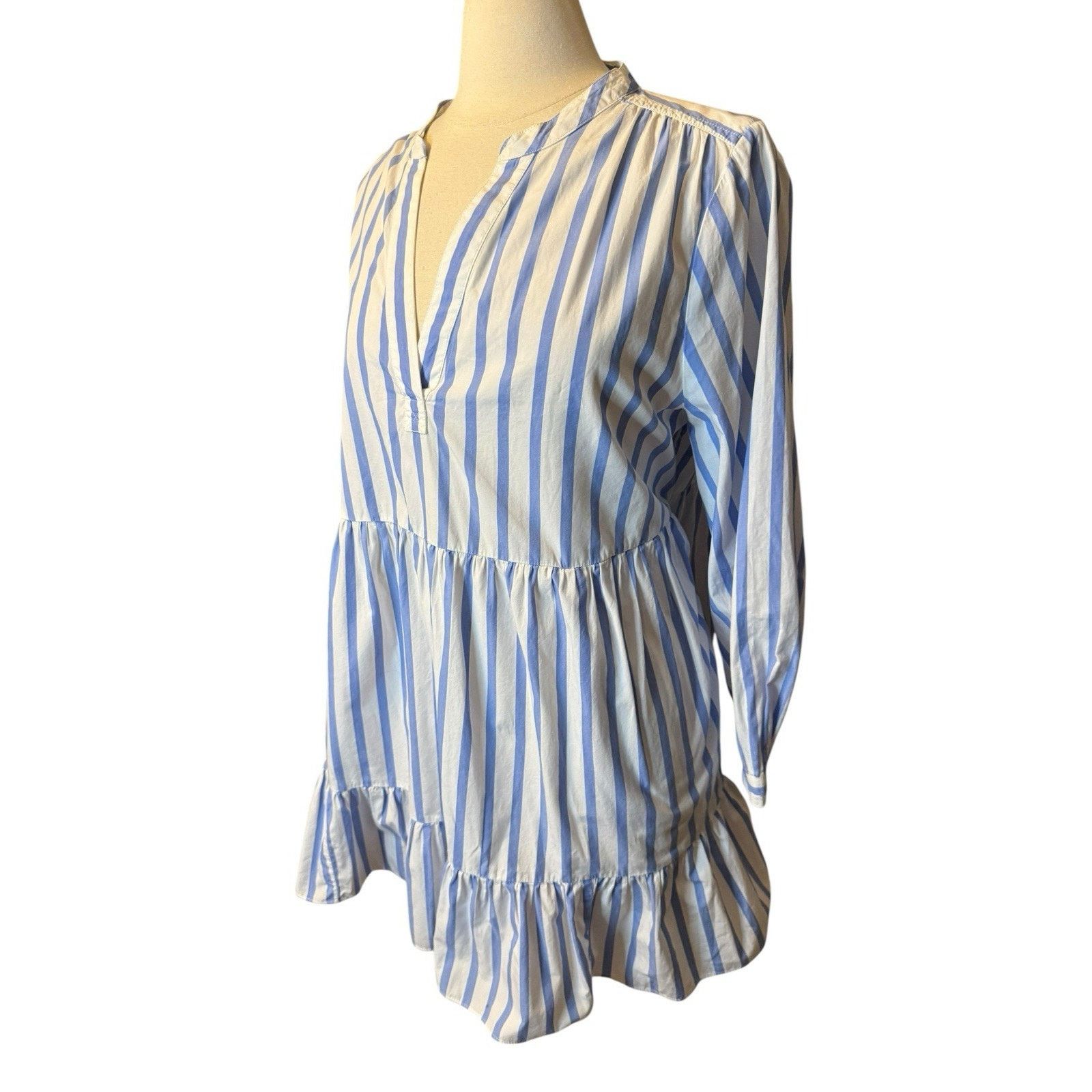 J.Crew J. CREW Tiered Cotton Poplin Mini Dress Barrie Stripe Blue Size L / US 10 / IT 46 - 2 Thumbnail