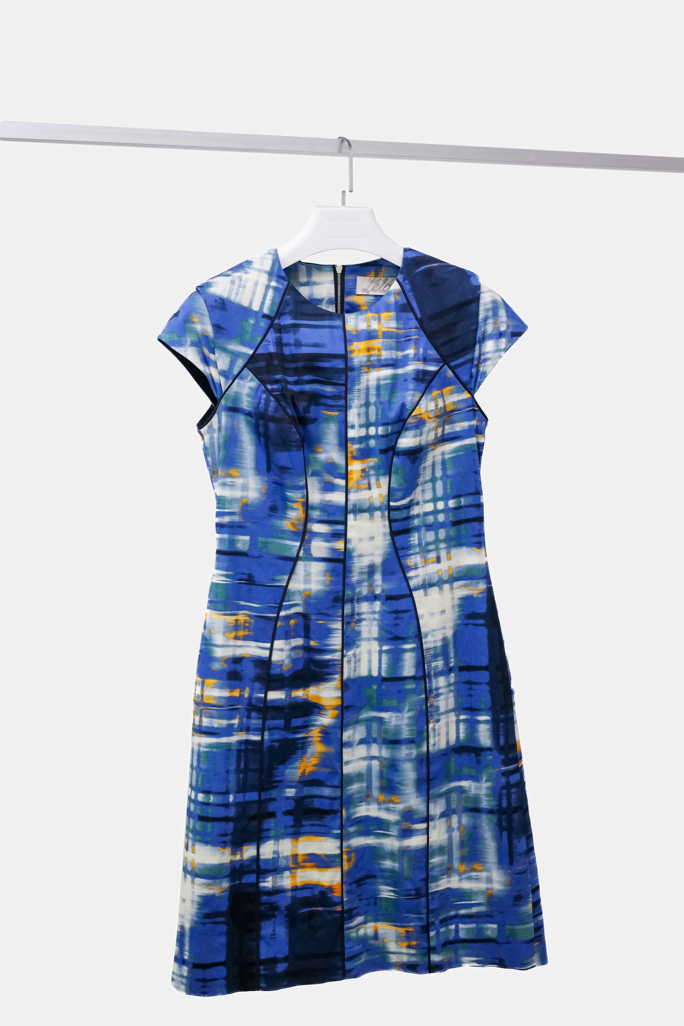 image of Lela Rose Blue Abstract Printed Sheath Midi Dress, Women's (Size Small)