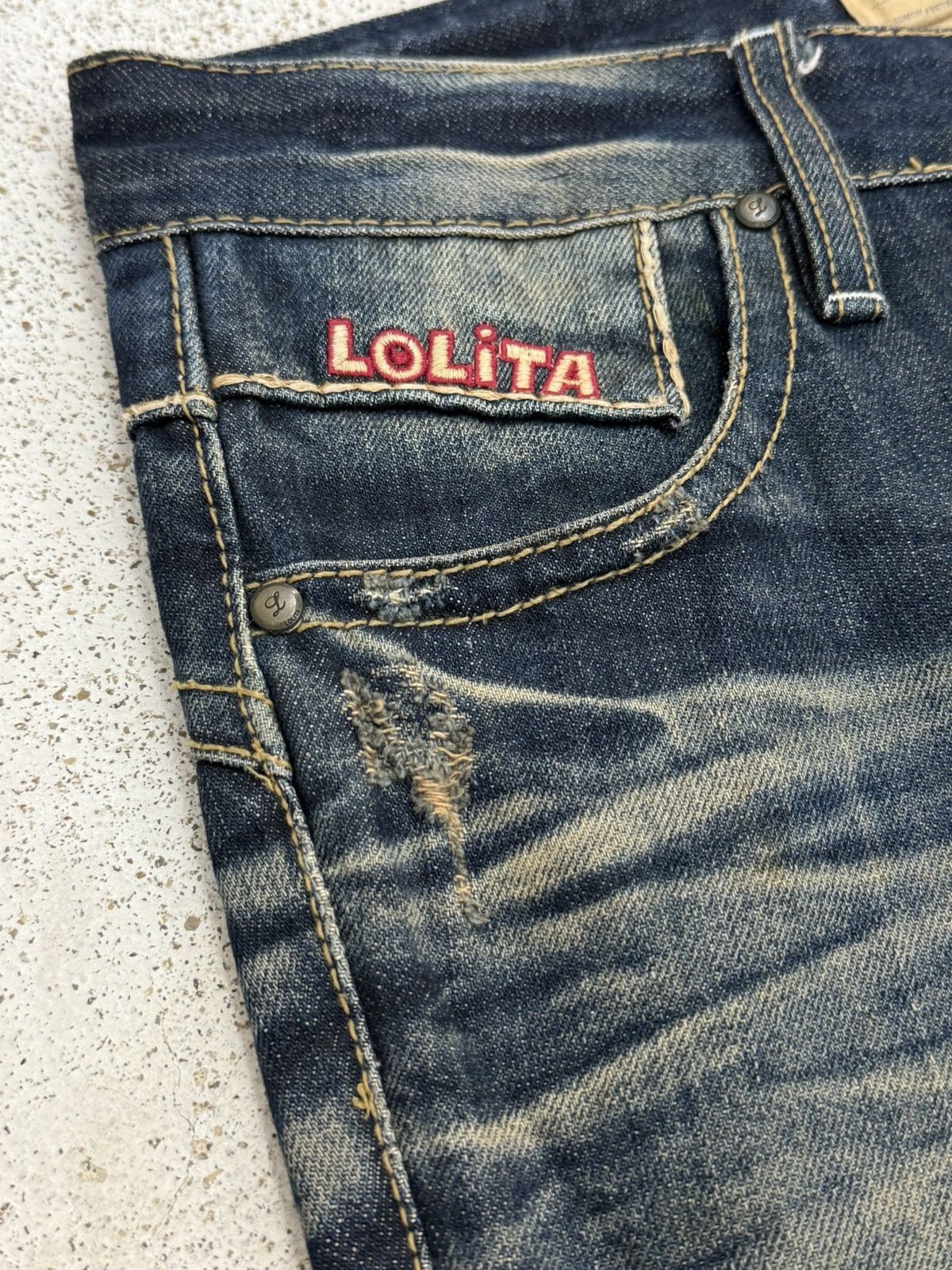 Japanese Brand Lolita Dark Mudwash Whisker Embroidery Flare Denim Pants Size US 27 - 9 Thumbnail