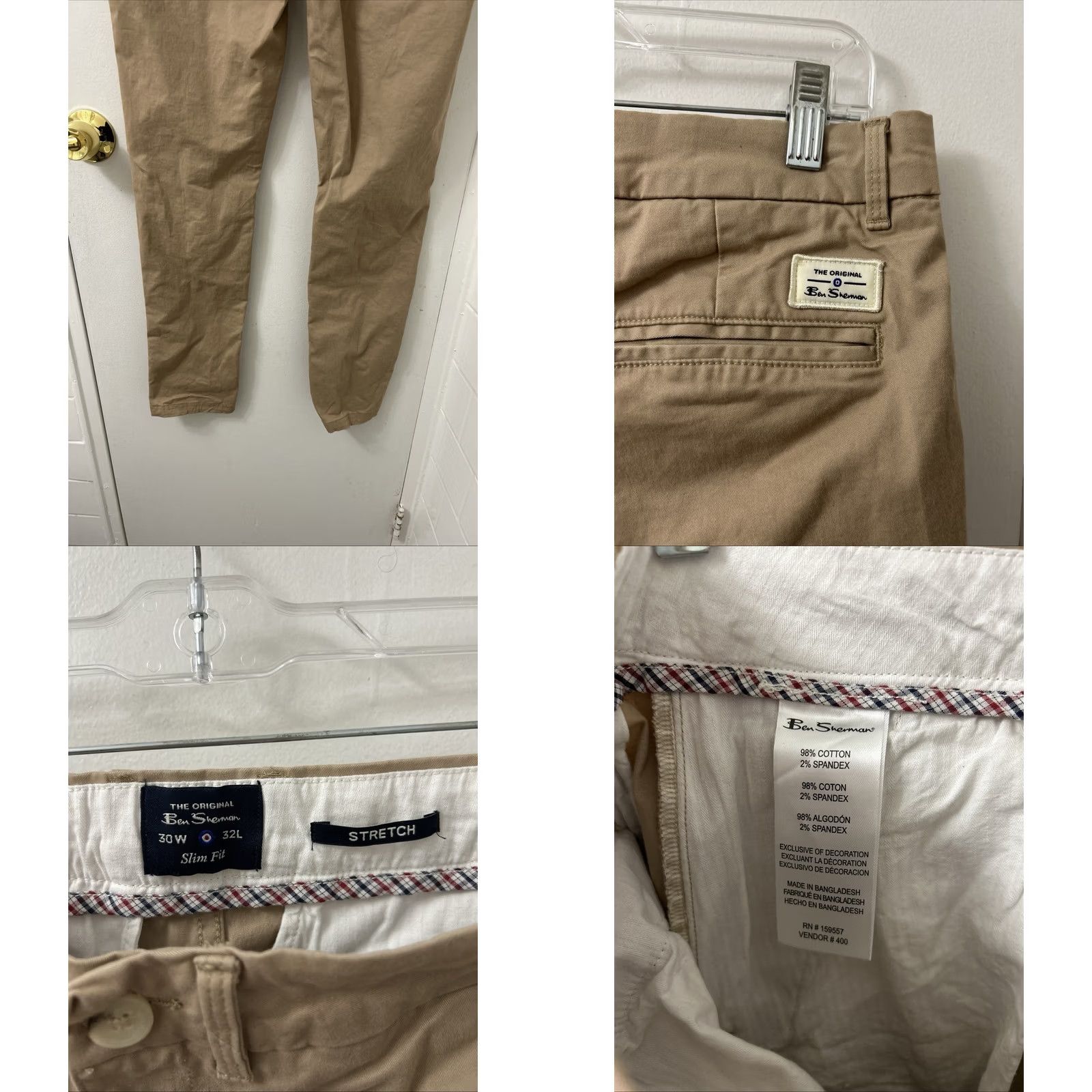 Ben Sherman Ben Sherman Chino Pants Mens 30x32 Khaki Slim Fit Tan Cotton Spandex Tapered Flat Front Logo Zipper Pockets Casual Workwear Size US 30 / EU 46 - 8 Thumbnail