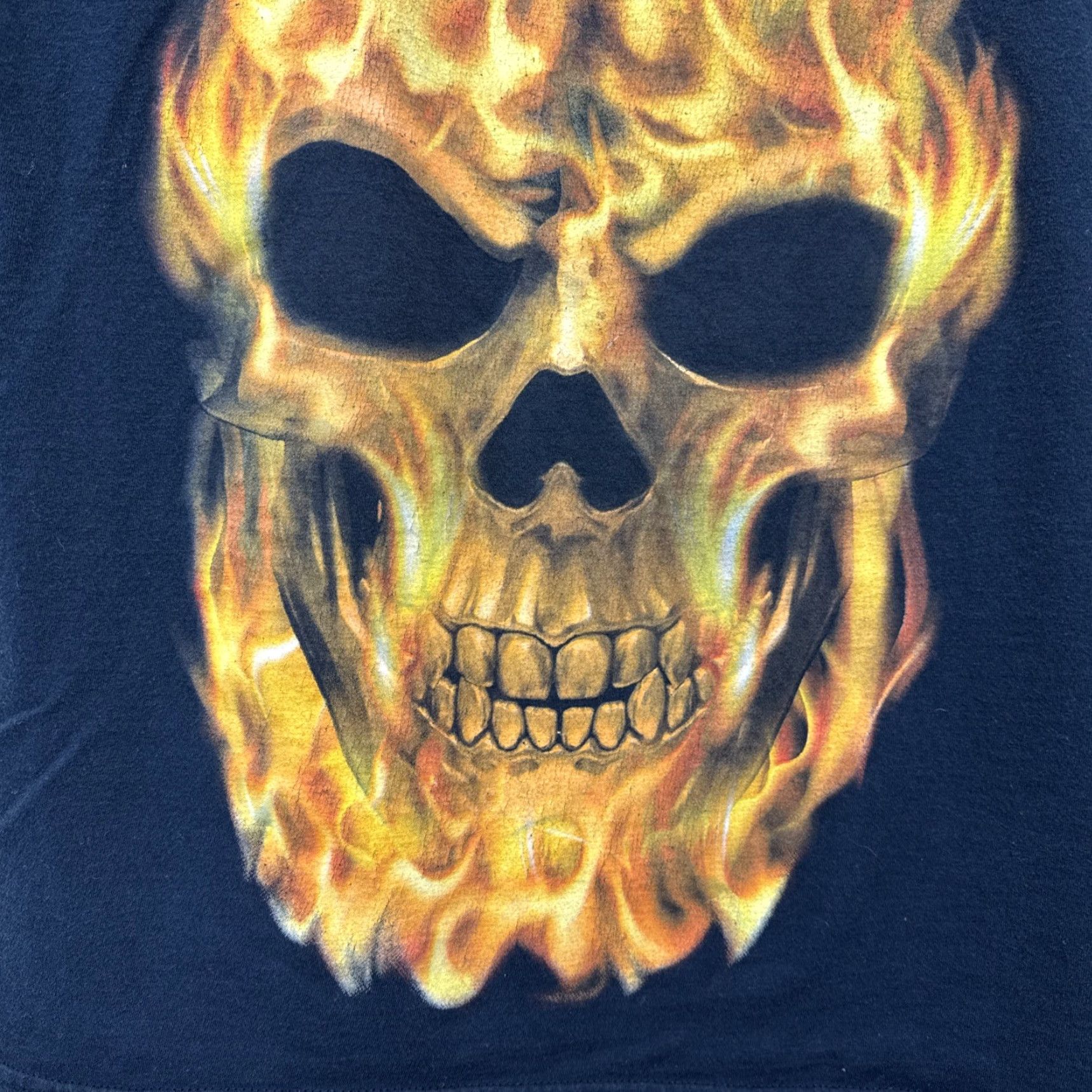 Vintage VINTAGE American Vintage Flaming Skeleton Skull T-Shirt Large Black Graphic Tee 90s Retro Mens Size US L / EU 52-54 / 3 - 7 Thumbnail